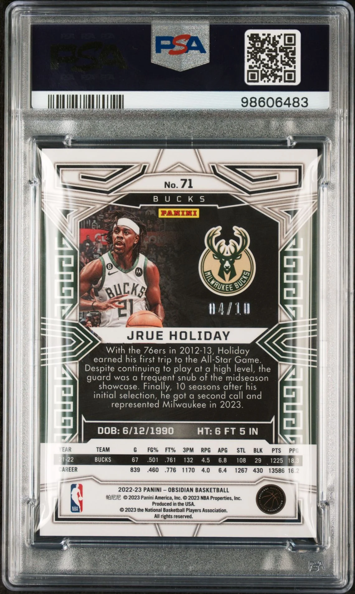 2022 Panini Obsidian Electric Etch Yellow Flood Jrue Holiday #71 /10 PSA 9 - Image 2