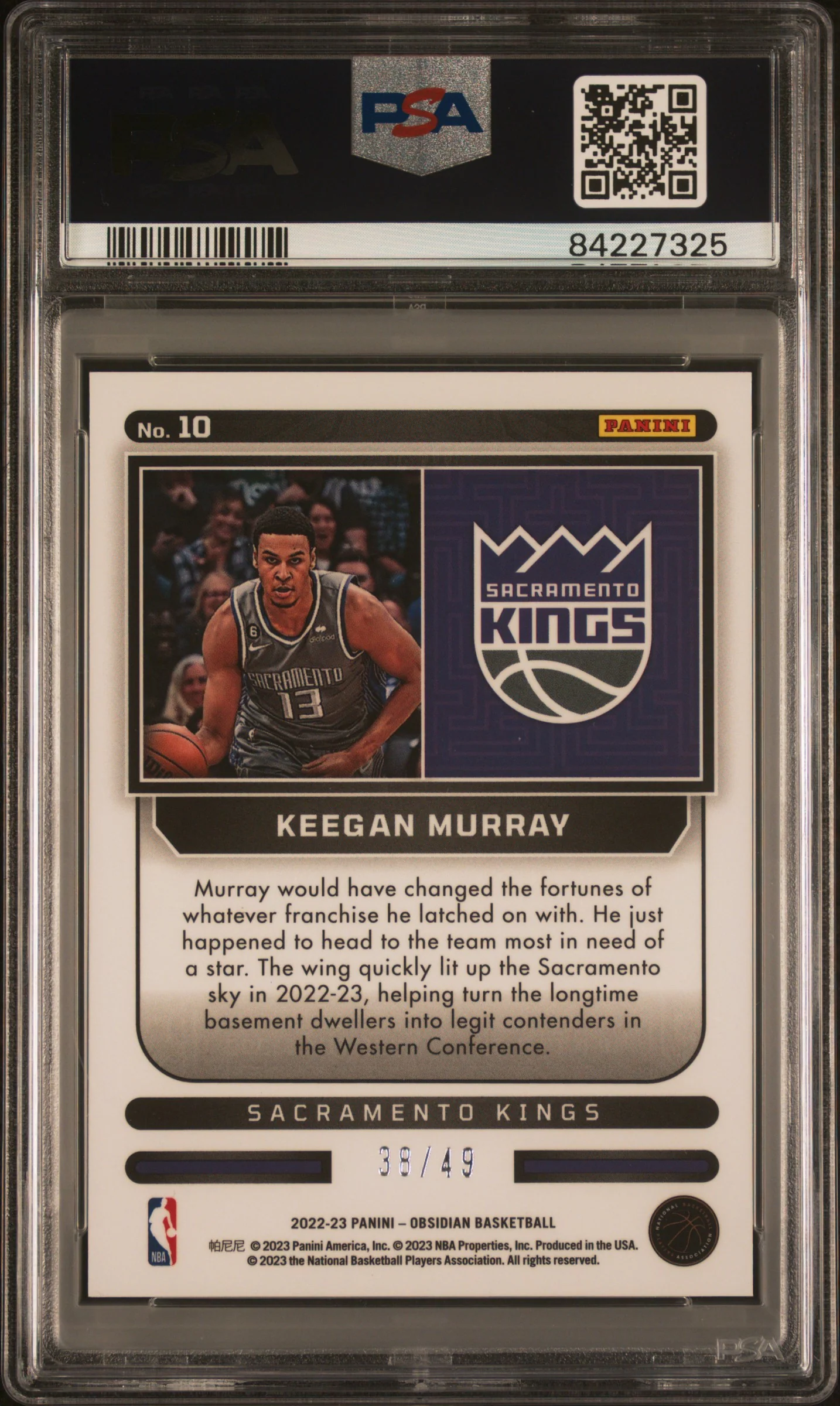 2022 Panini Obsidian Purple Flood Keegan Murray #10 /49 PSA 10 - Image 2