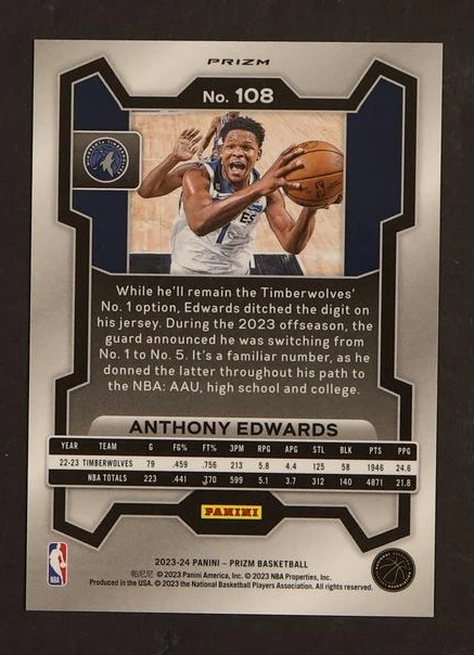 2022 Panini Prizm 108 Anthony Edwards Timberwolves - Image 2