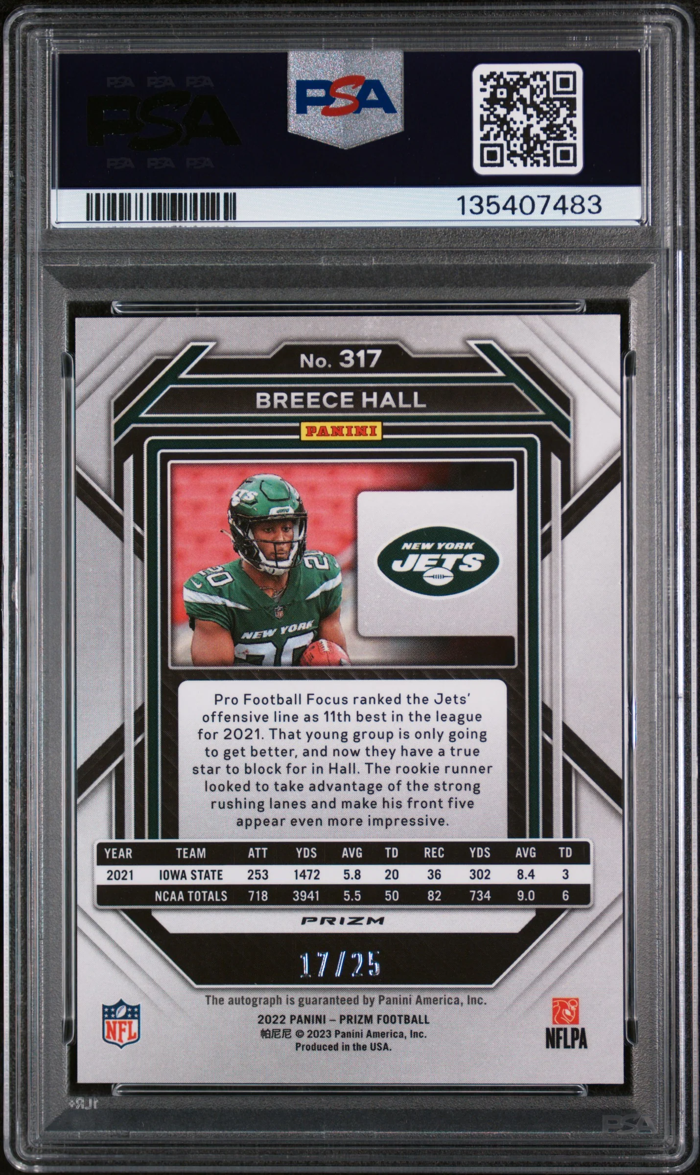 2022 Panini Prizm Autograph Blue Shimmer Prizm Breece Hall #317 /25 PSA 6 - Image 2