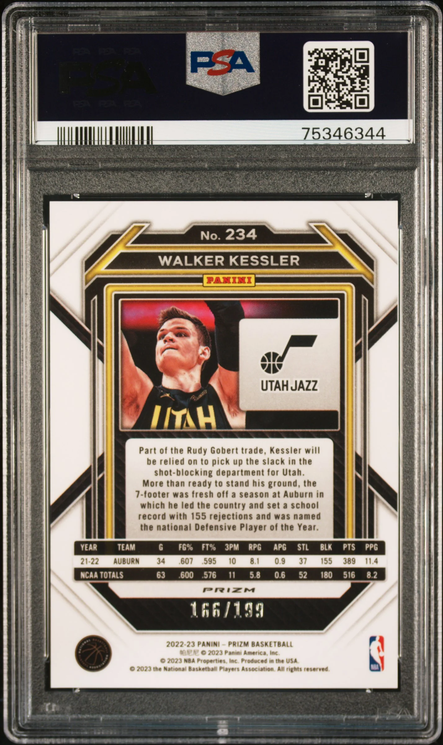 2022 Panini Prizm Blue Prizm Walker Kessler #234 RC /199 PSA 10 - Image 2