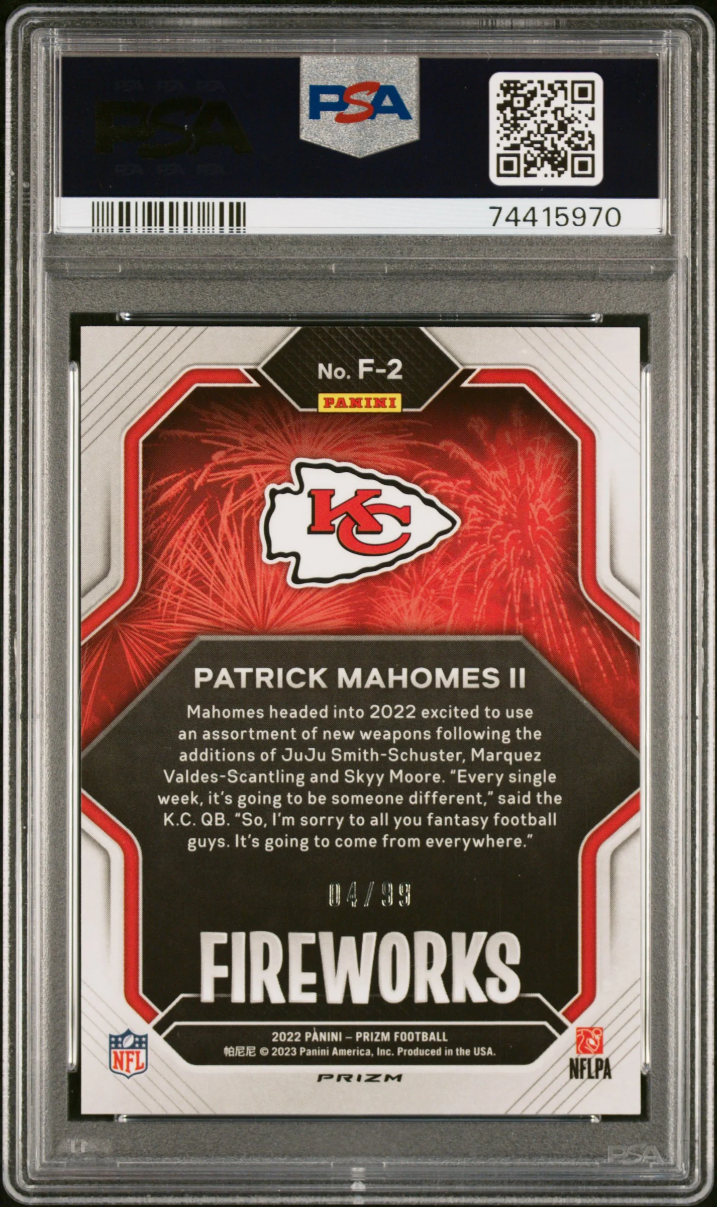 2022 Panini Prizm Fireworks Prizms Blue Ice Patrick Mahomes II #2 /99 PSA 9 - Image 2