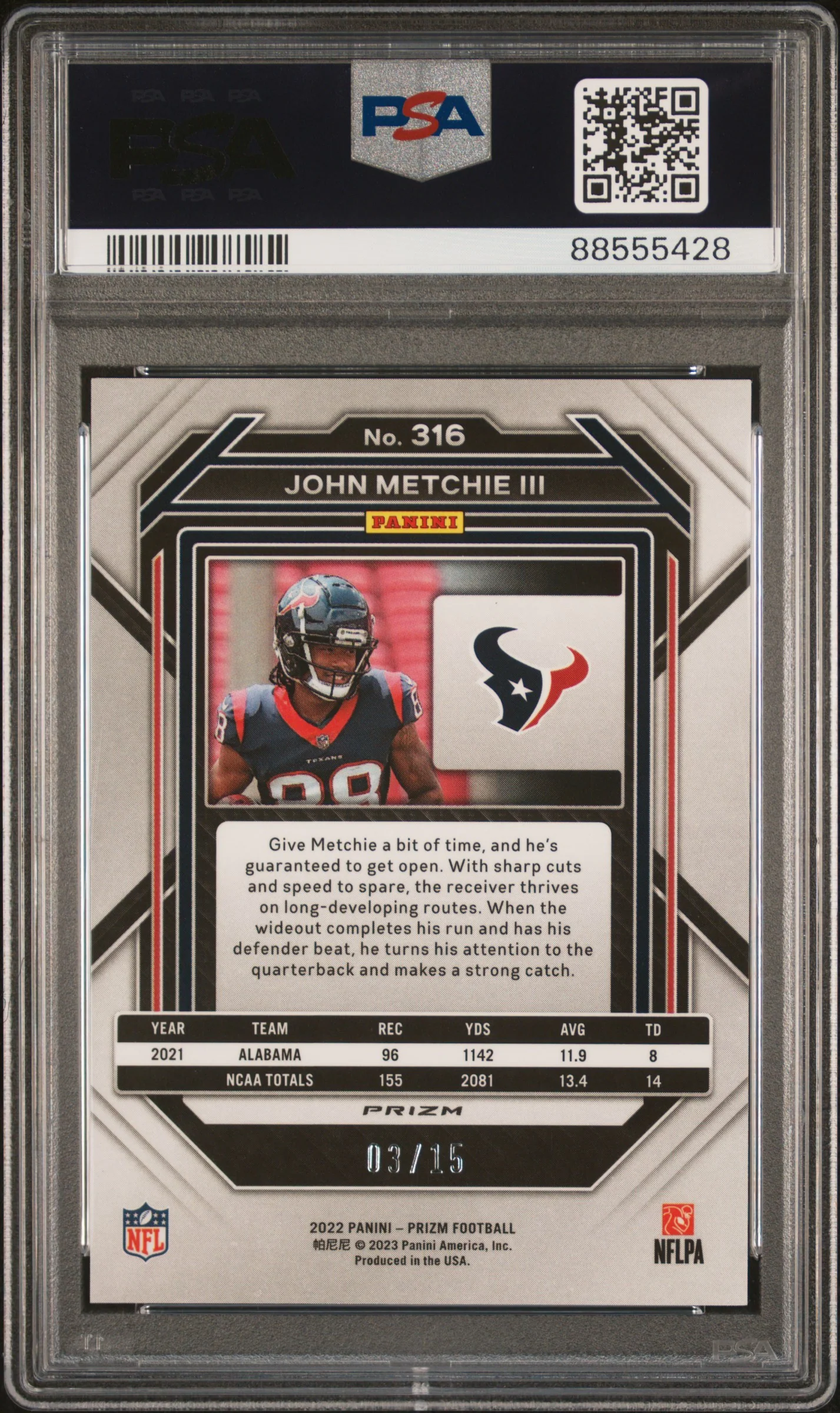 2022 Panini Prizm Forest Camo Prizm John Metchie III #316 /15 PSA 9 - Image 2