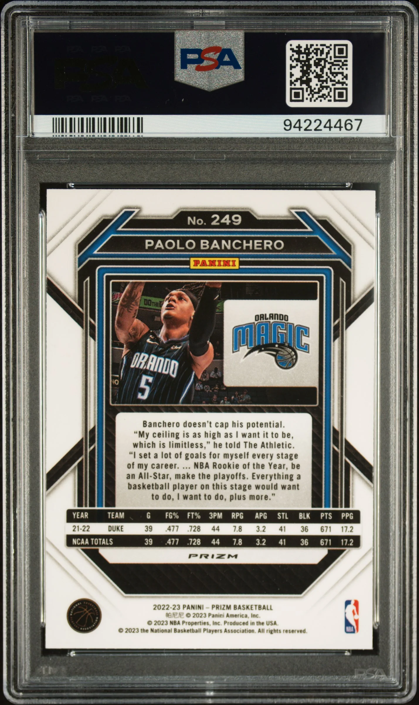 2022 Panini Prizm Ice Prizm Paolo Banchero #249 PSA 9 - Image 2