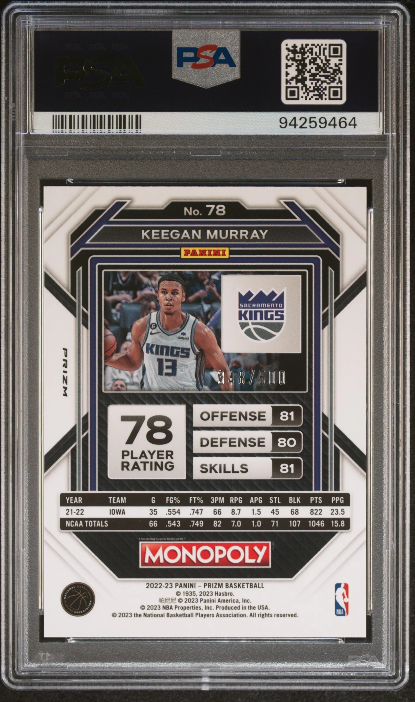 2022 Prizm Monopoly Gold Money Shimmer Keegan Murray #78 RC /500 PSA 10 - Image 2