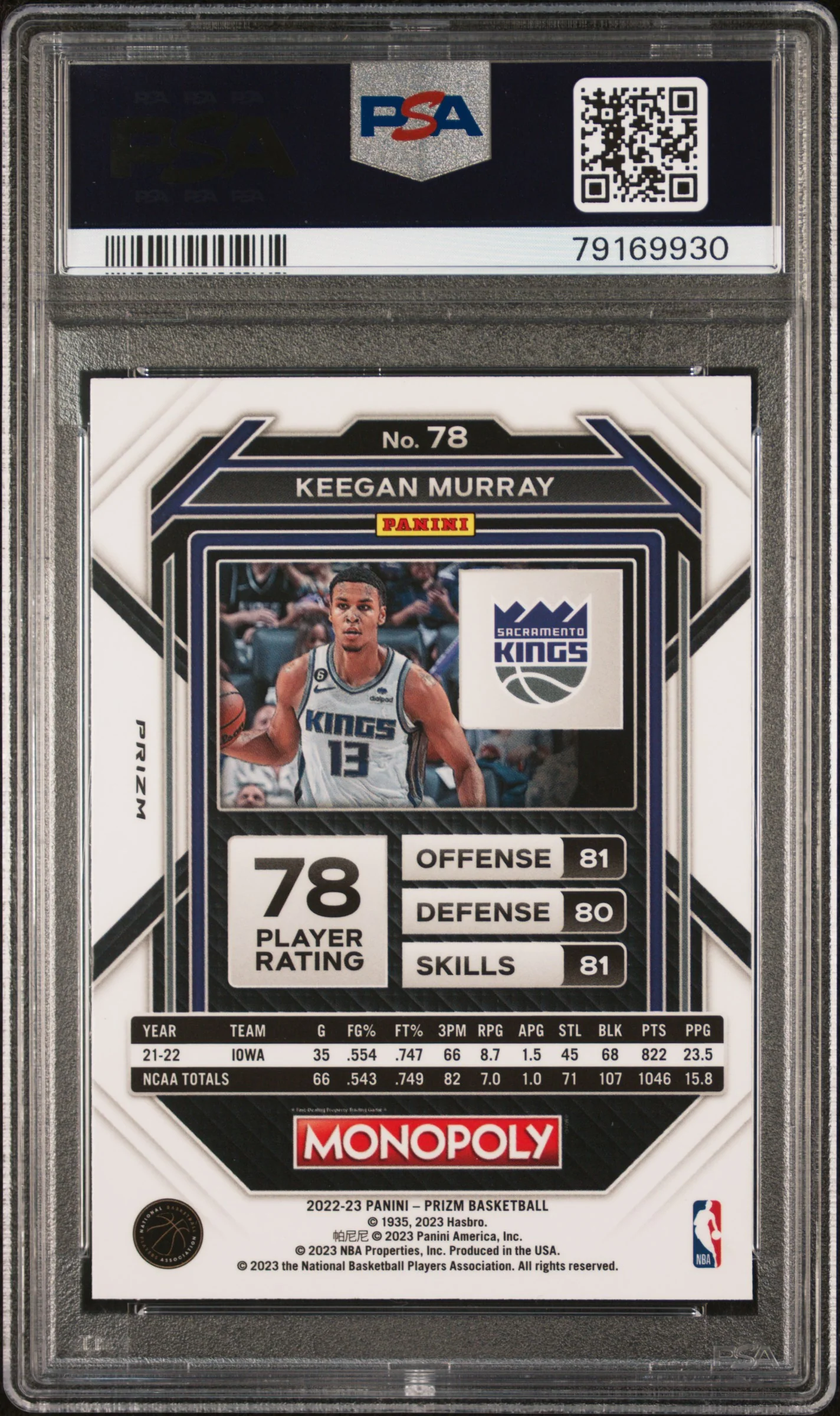 2022 Panini Prizm Monopoly Silver Keegan Murray #78 RC PSA 9 - Image 2