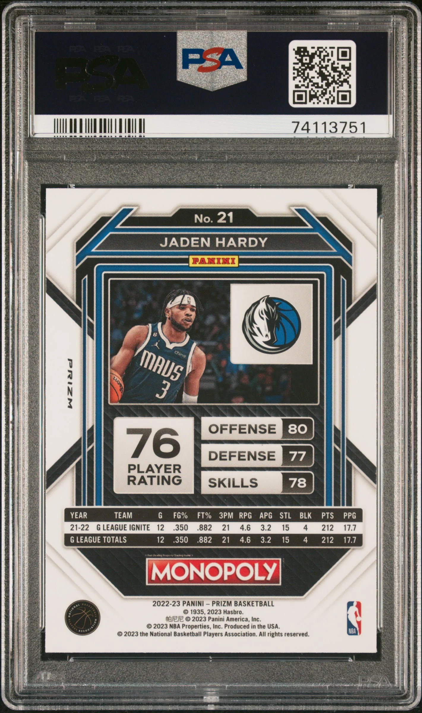 2022 Panini Prizm Monopoly Go Space Jaden Hardy #21 RC PSA 9 - Image 2