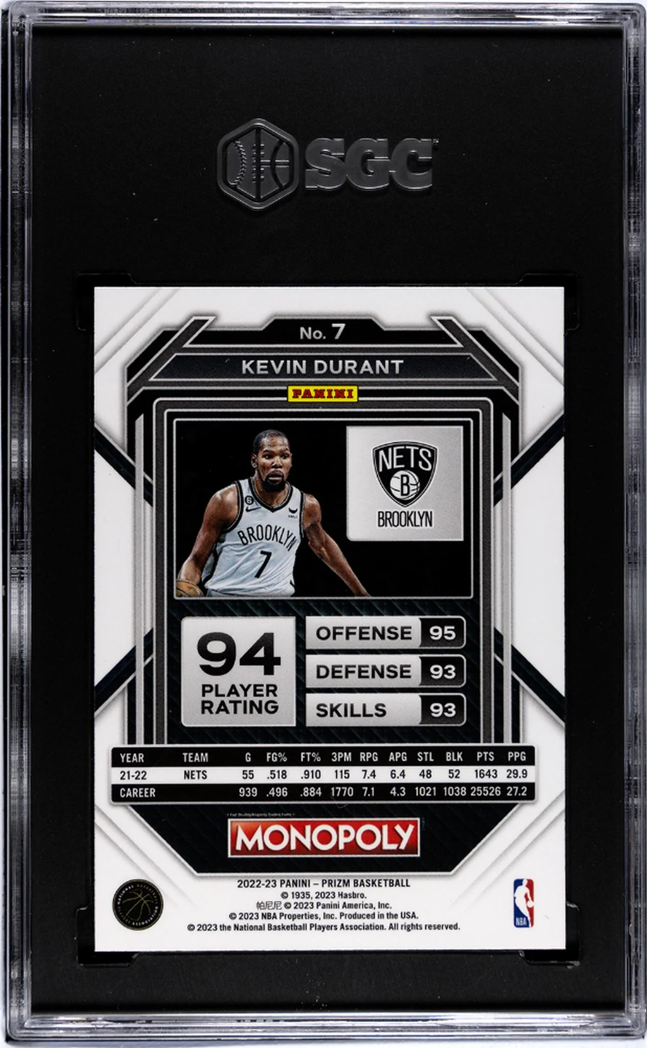 2022 Panini Prizm Monopoly Kevin Durant #7 SGC 9 - Image 2