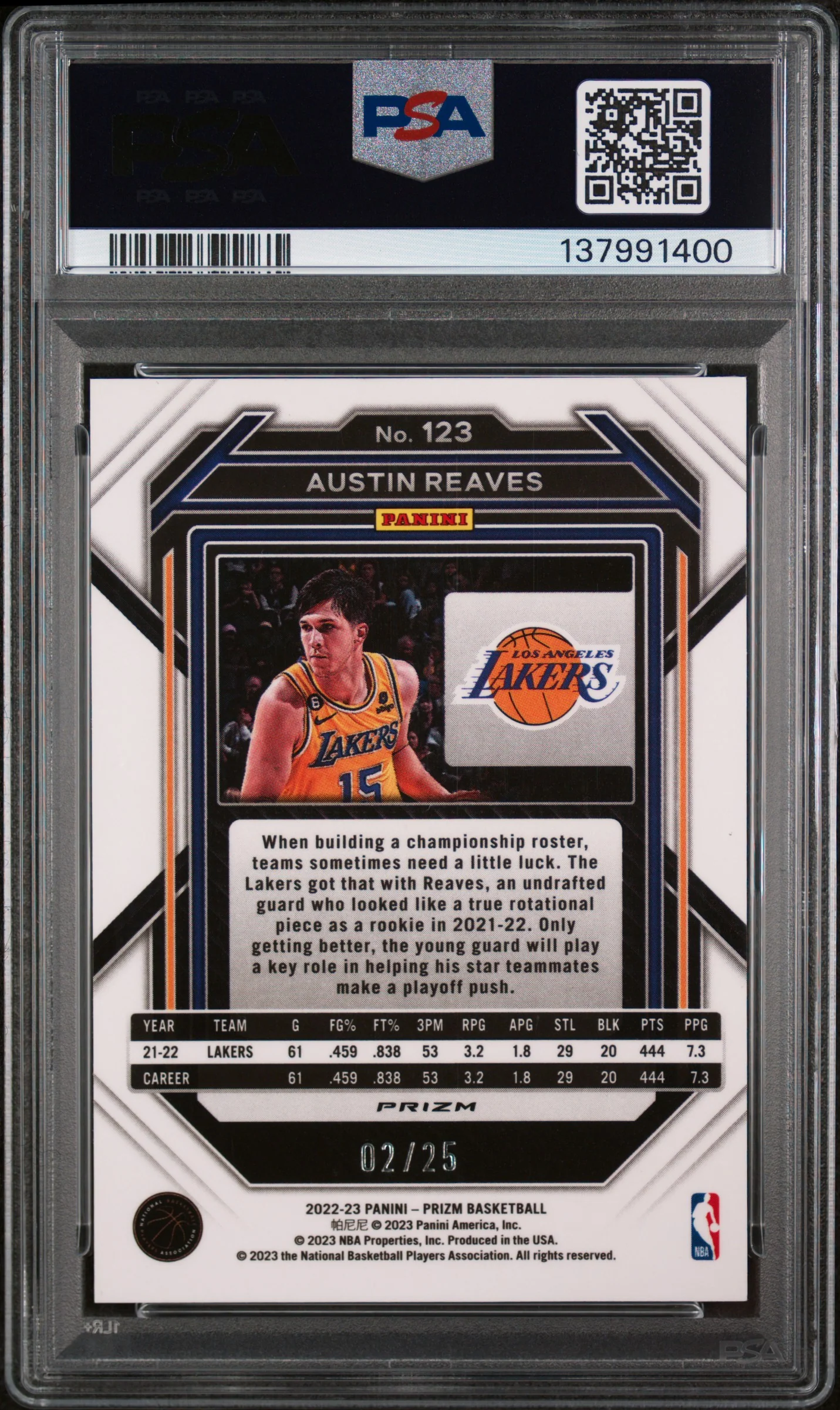 2022 Panini Prizm Prizms Mojo Austin Reaves #123 /25 PSA 8 - Image 2