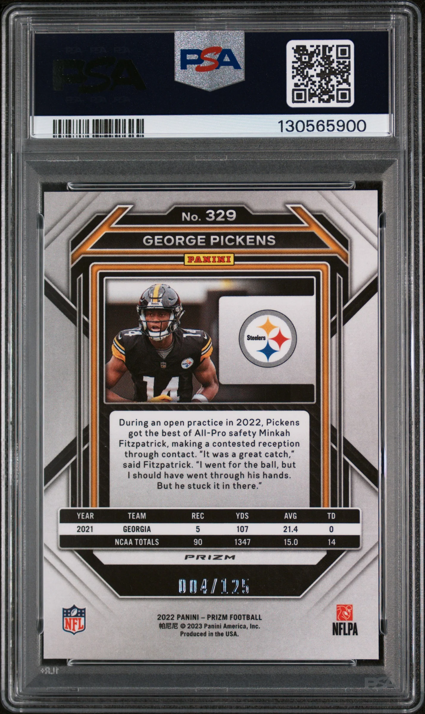 2022 Panini Prizm Purple Prizm George Pickens #329 /125 PSA 8 - Image 2
