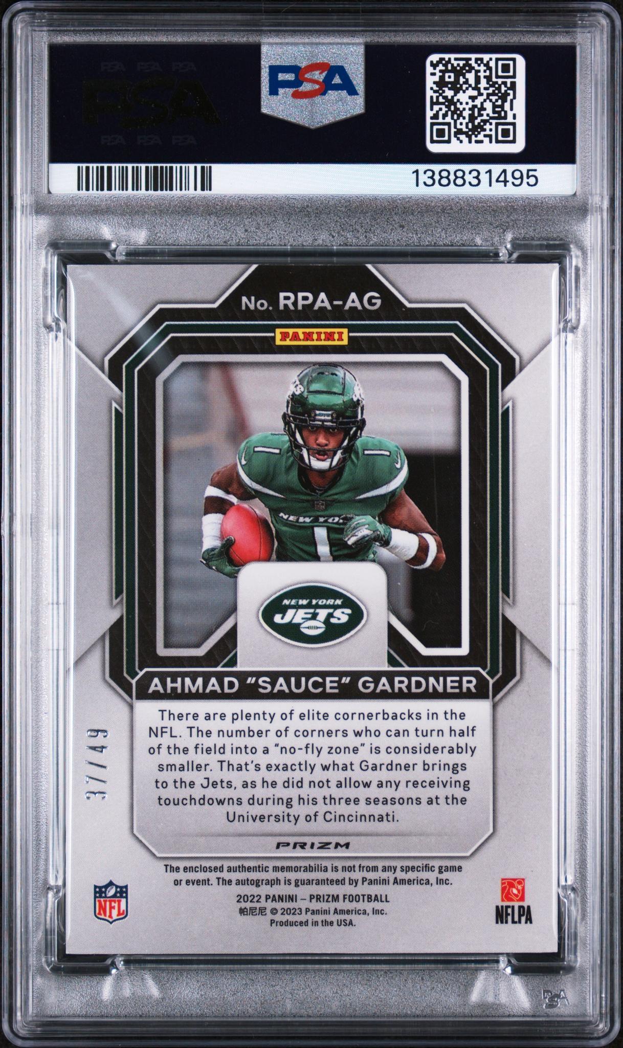 2022 Panini Prizm Rookie Patch Autograph Purple Power Prizm Ahmad Gardner #RPA-AG /49 PSA 8 - Image 2