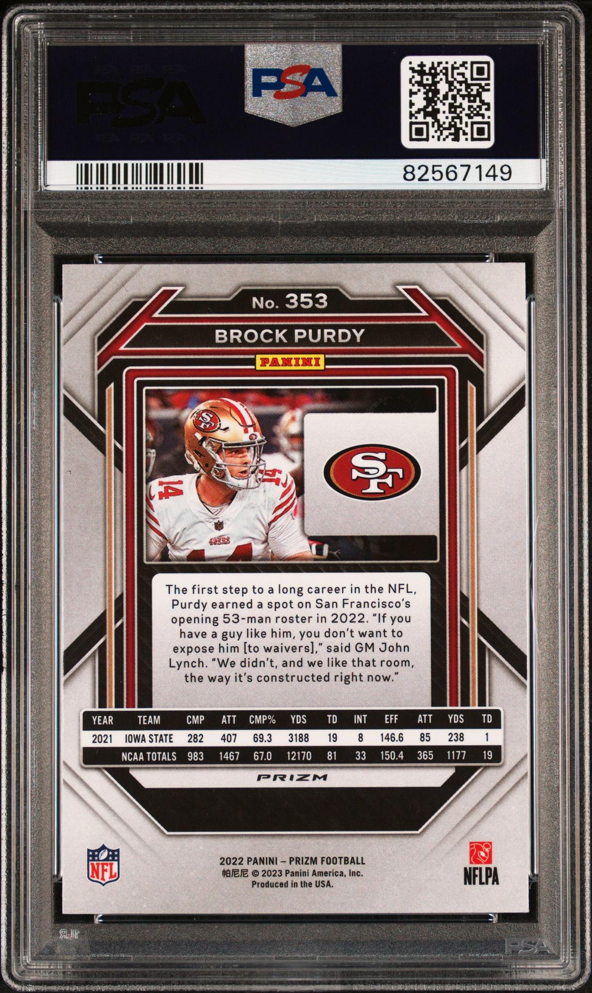 2022 Panini Prizm Silver Prizm Brock Purdy #353 PSA 10 - Image 2