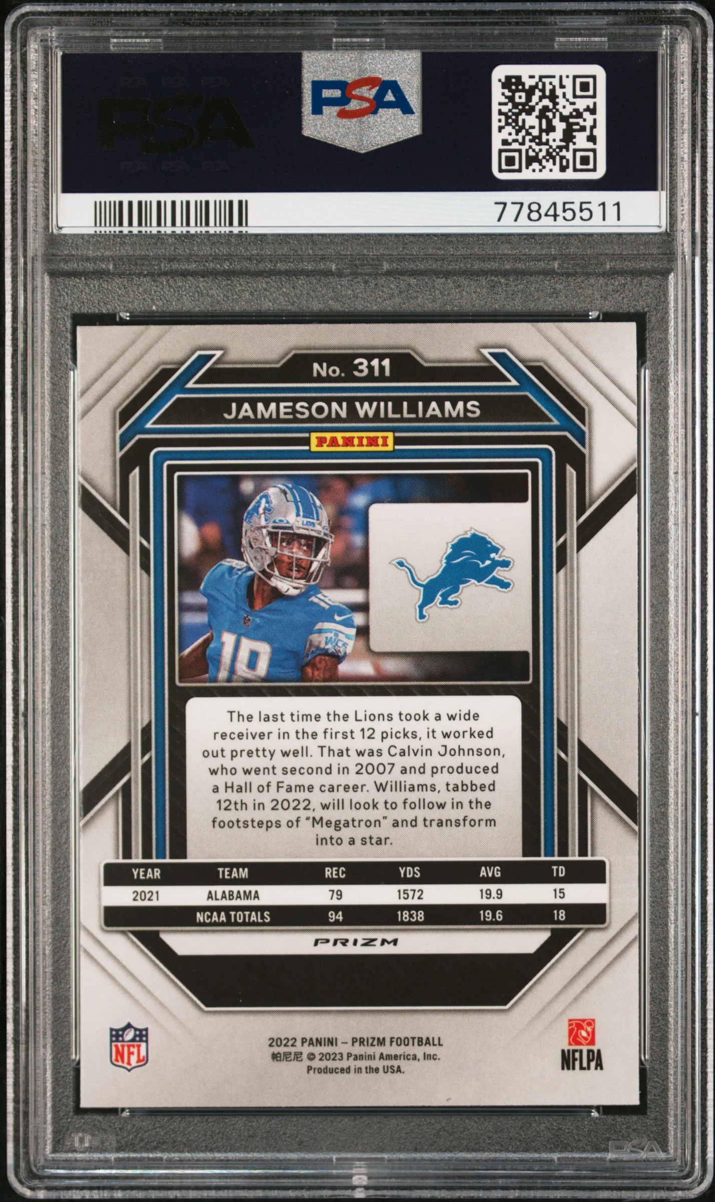 2022 Panini Prizm Silver Prizm Jameson Williams #311 PSA 10 - Image 2