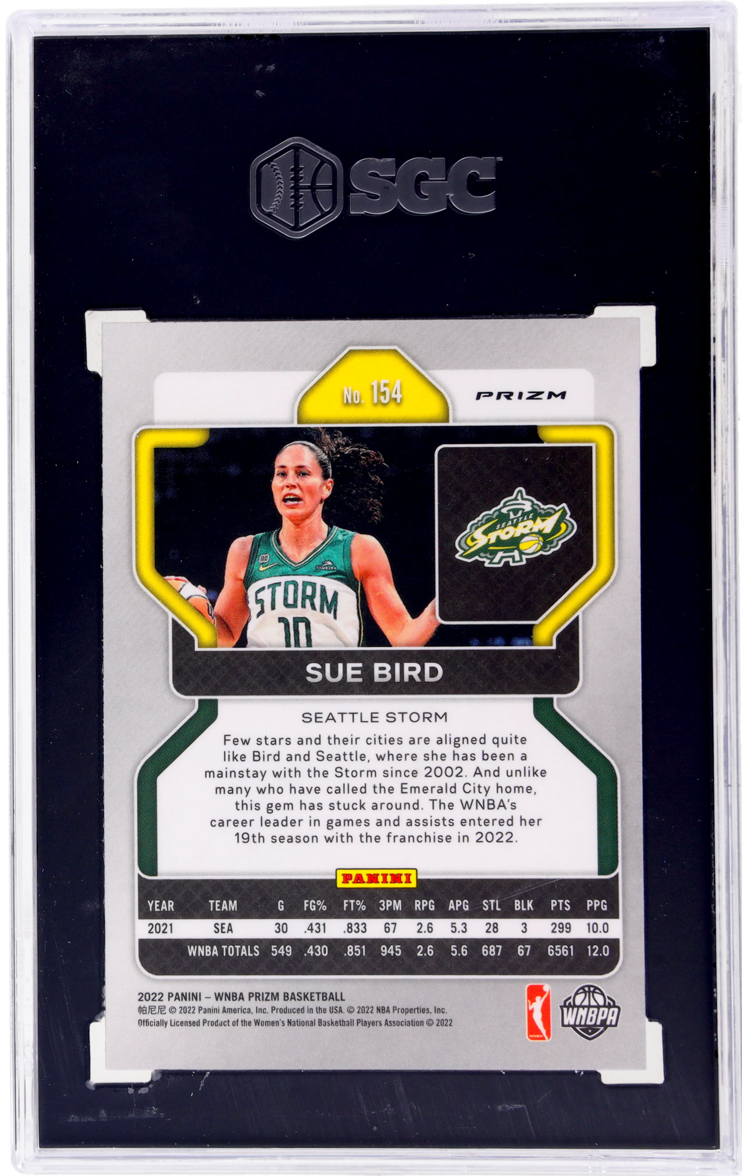 2022 Panini Prizm WNBA Sue Bird #154 Silver Prizm SGC 10 - Image 2