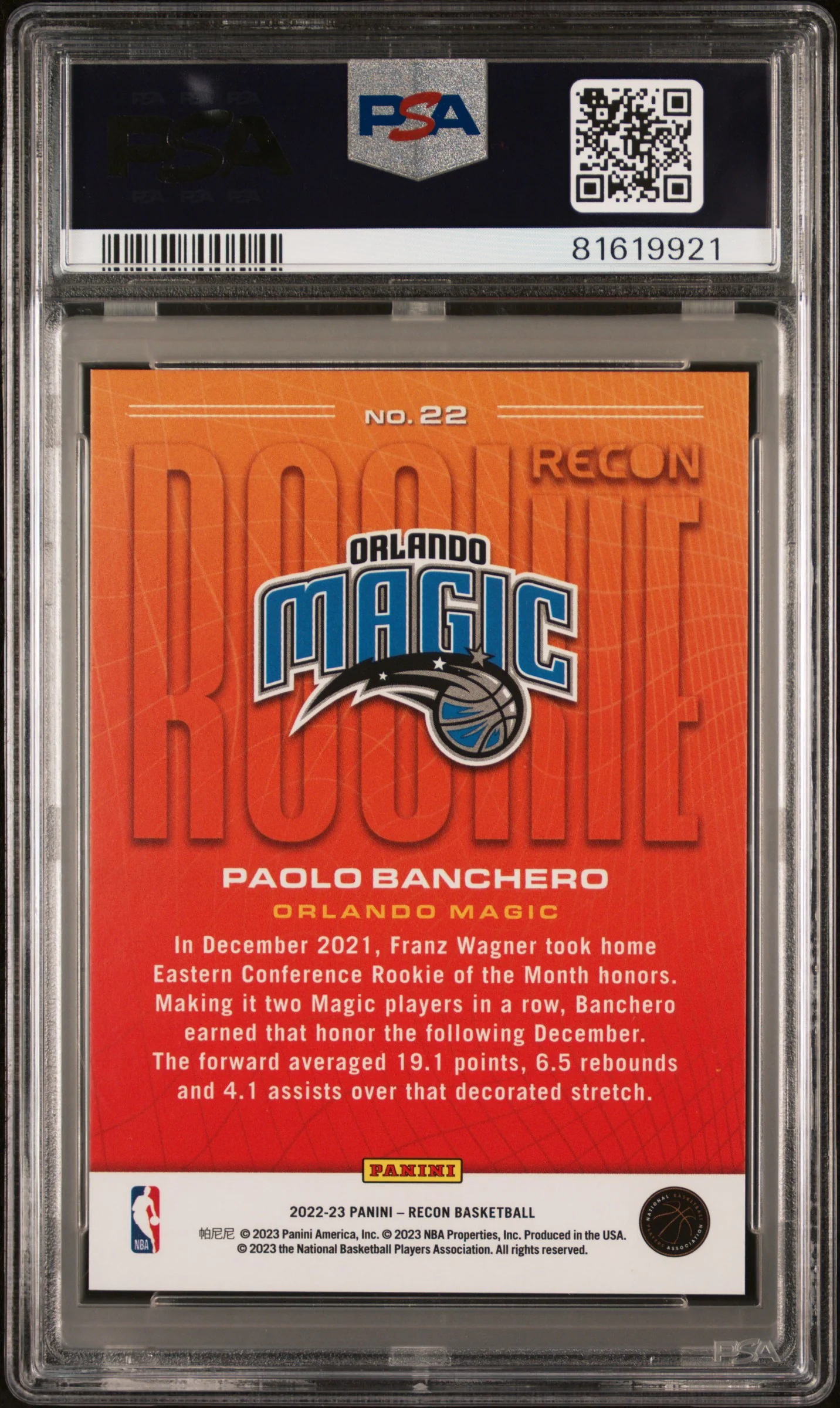 2022 Panini Recon Paolo Banchero #22 RC PSA 9 - Image 2