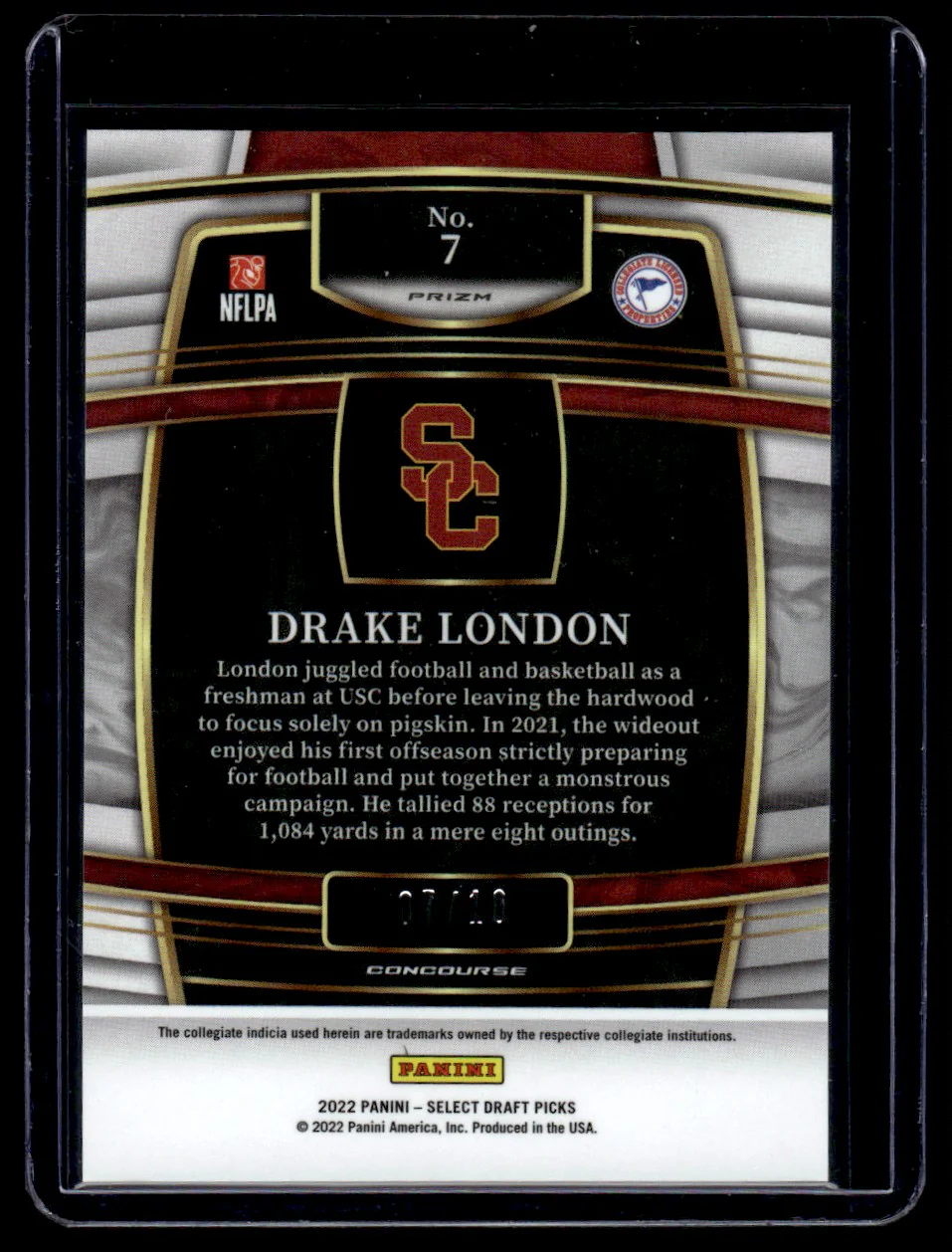 2022 Panini Select Draft Picks Gold Prizm Drake London #7 RC Concourse /10 - Image 2