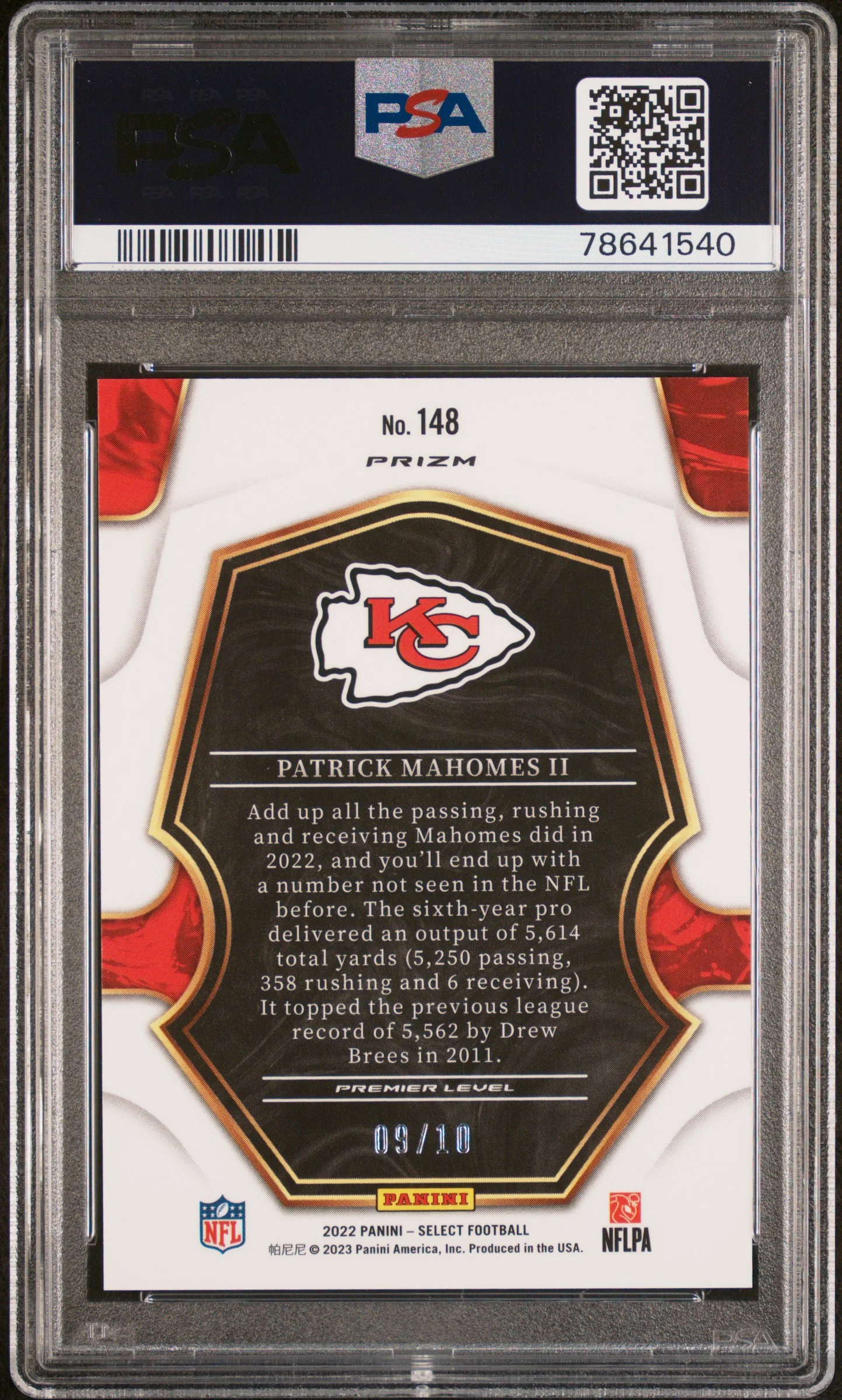 2022 Panini Select Gold Prizm Patrick Mahomes II #148 Premier Level /10 PSA 10 - Image 2