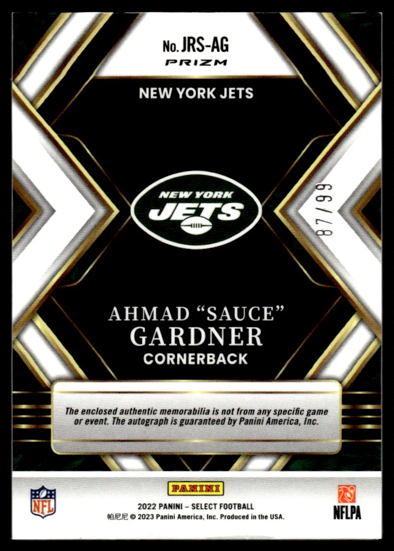2022 Panini Select JRS-AG Ahmad "Sauce" Gardner Prizm Rookie /99 New York Jets Auto - Image 2