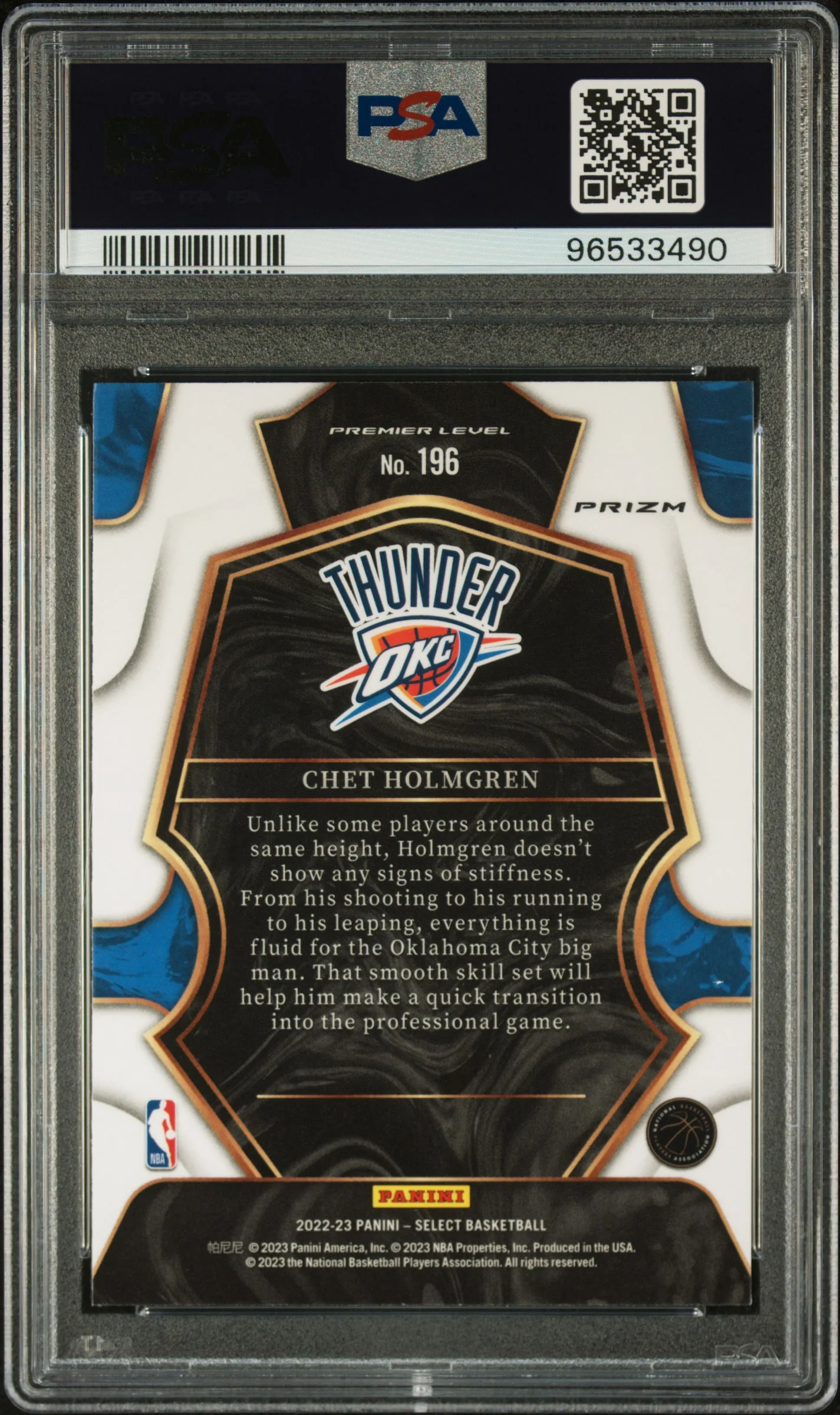 2022 Panini Select Orange Flash Prizm Chet Holmgren #196 RC Premier Level PSA 9 - Image 2
