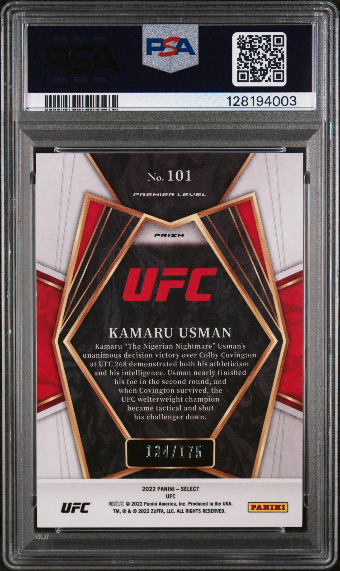 2022 Panini Select UFC Bronze Prizm Kamaru Usman #101 /175 PSA 9 - Image 2