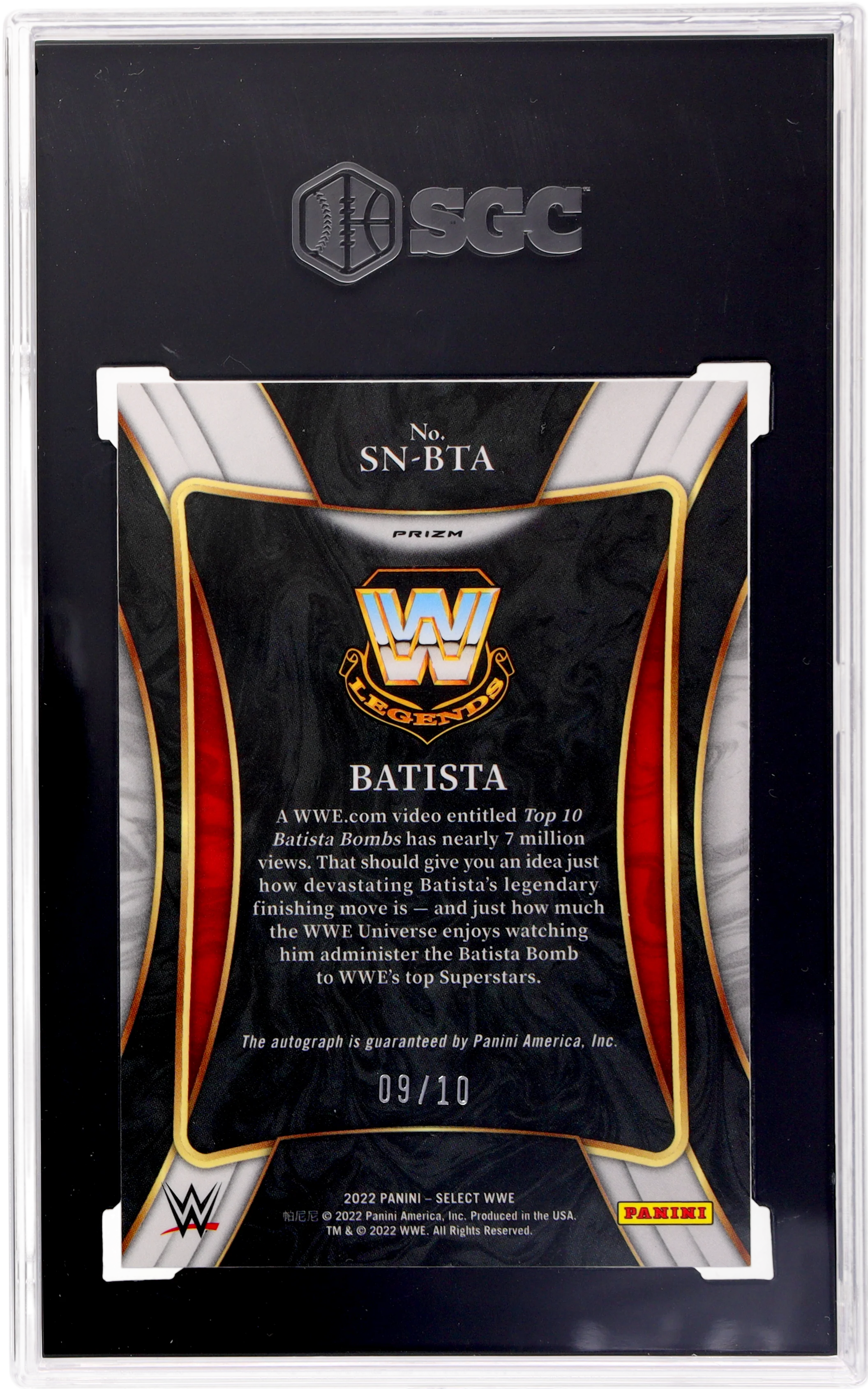 2022 Panini Select WWE Signature Batista Auto SN-BTA /10 SGC 9.5 - Image 2