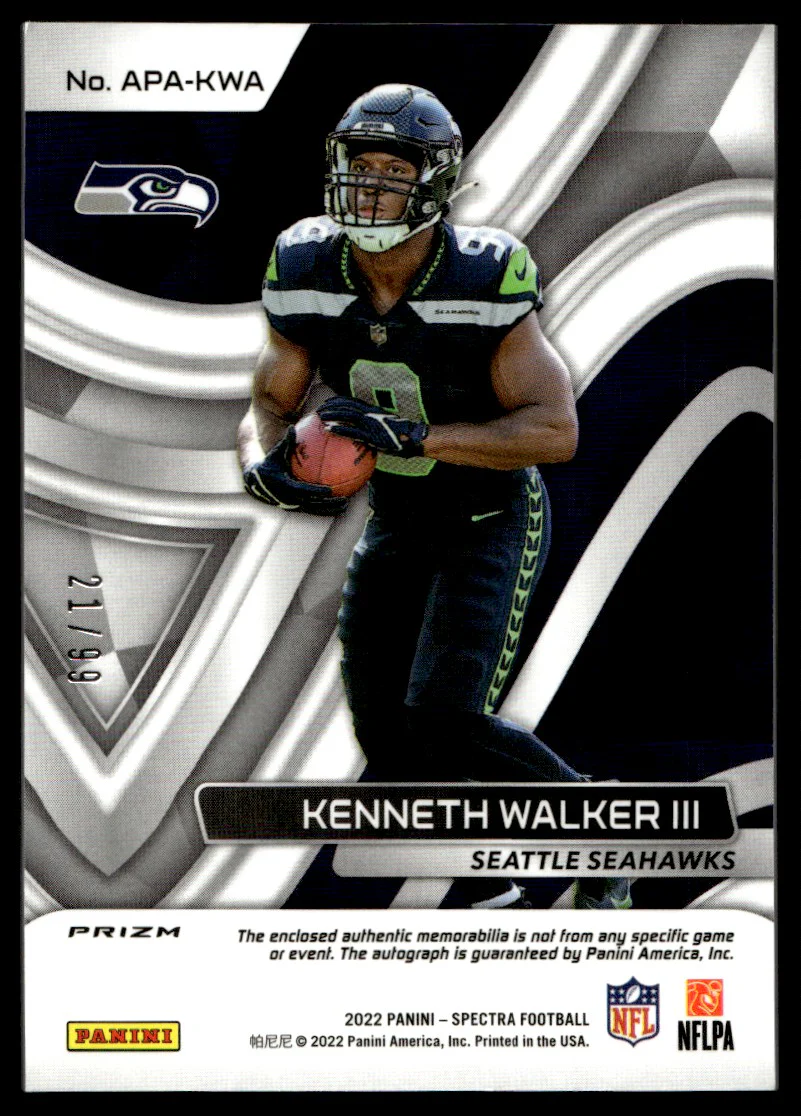 2022 Panini Spectra APA-KWA Kenneth Walker III Aspiring Prizm Rookie /99 Seattle Seahawks Auto - Image 2