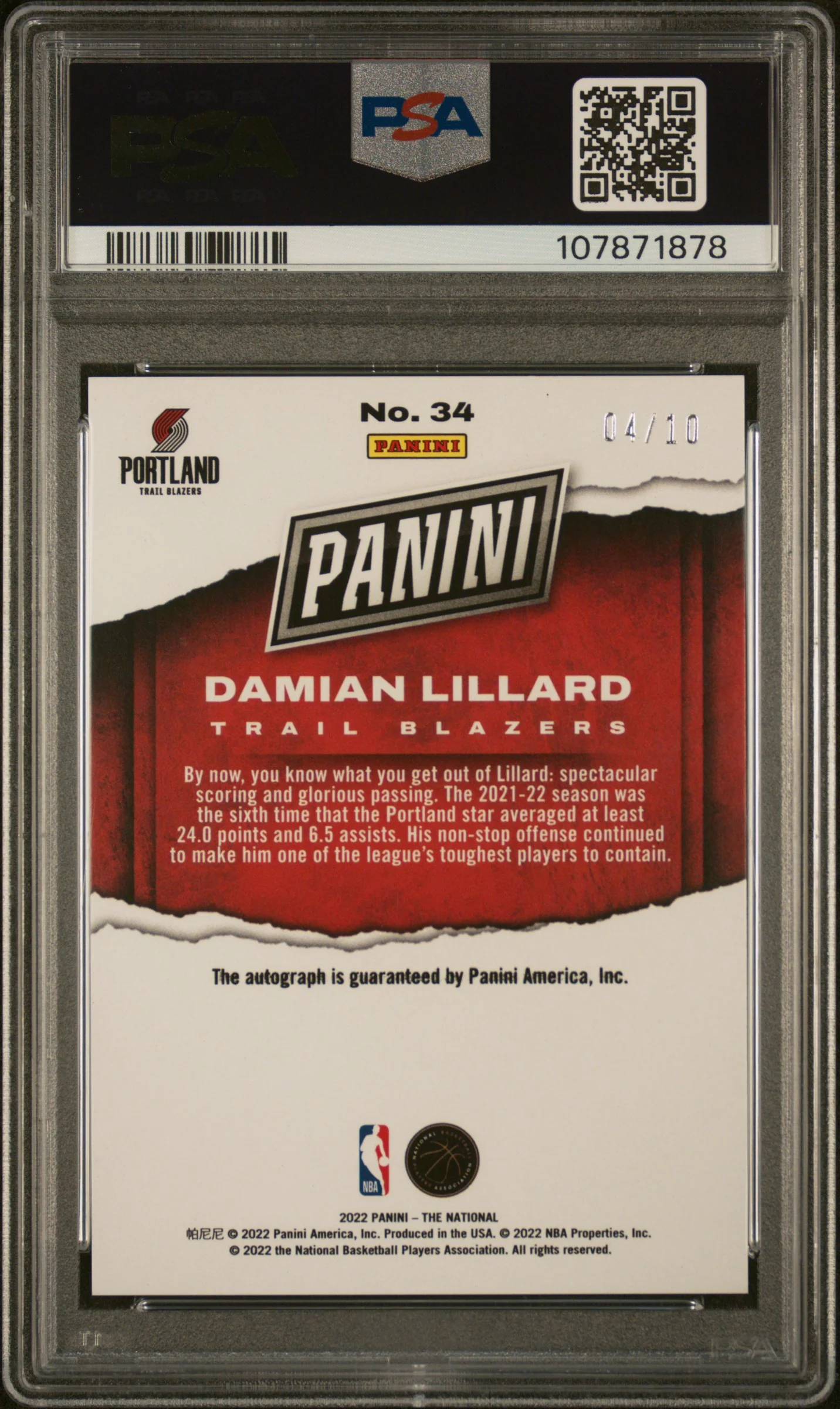 2022 Panini The National Damian Lillard #34 Auto /10 PSA 10 Auto 10 - Image 2