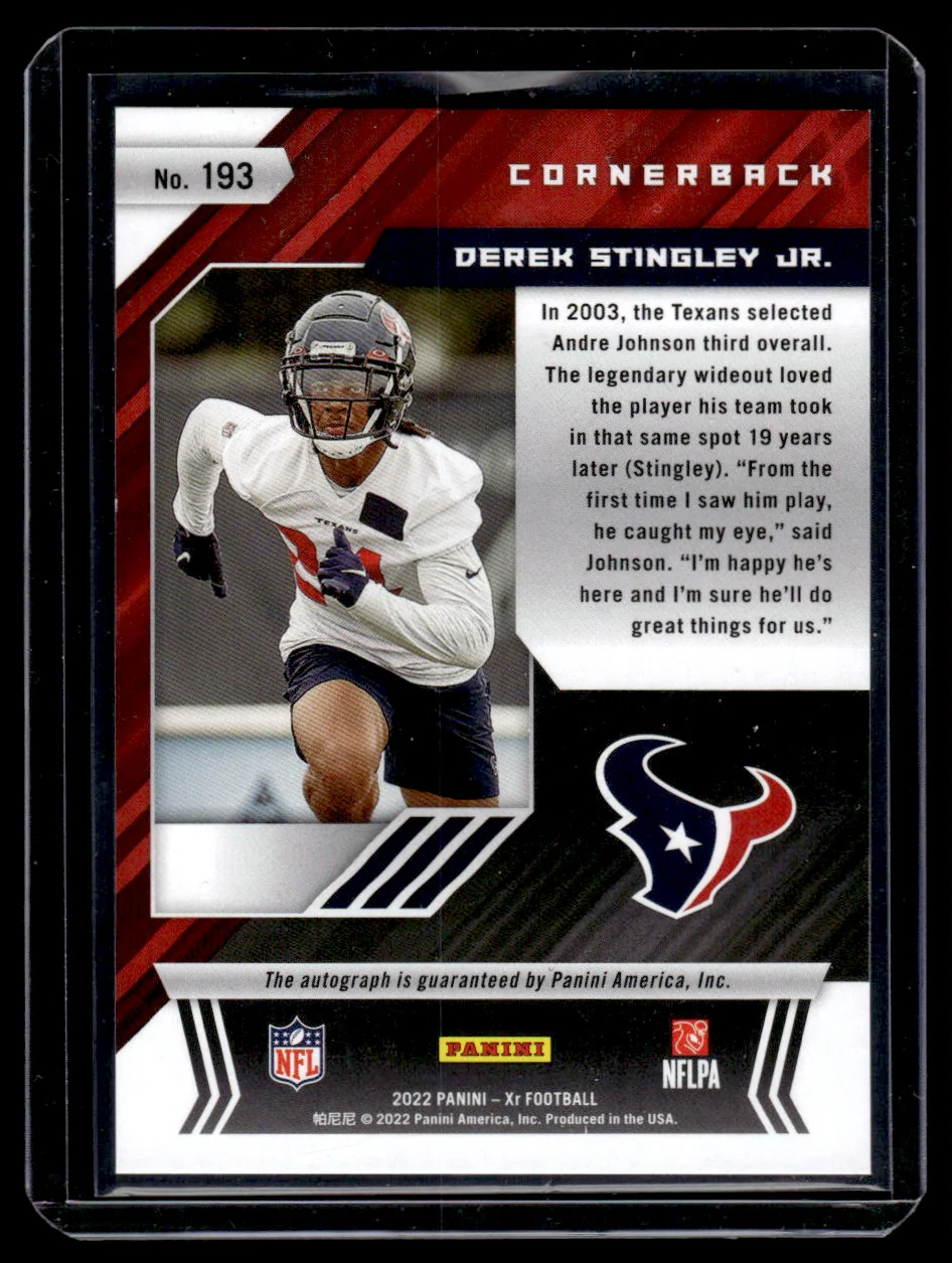 2022 Panini XR 193 Derek Stingley Jr. Rookie /199 Houston Texans Auto - Image 2