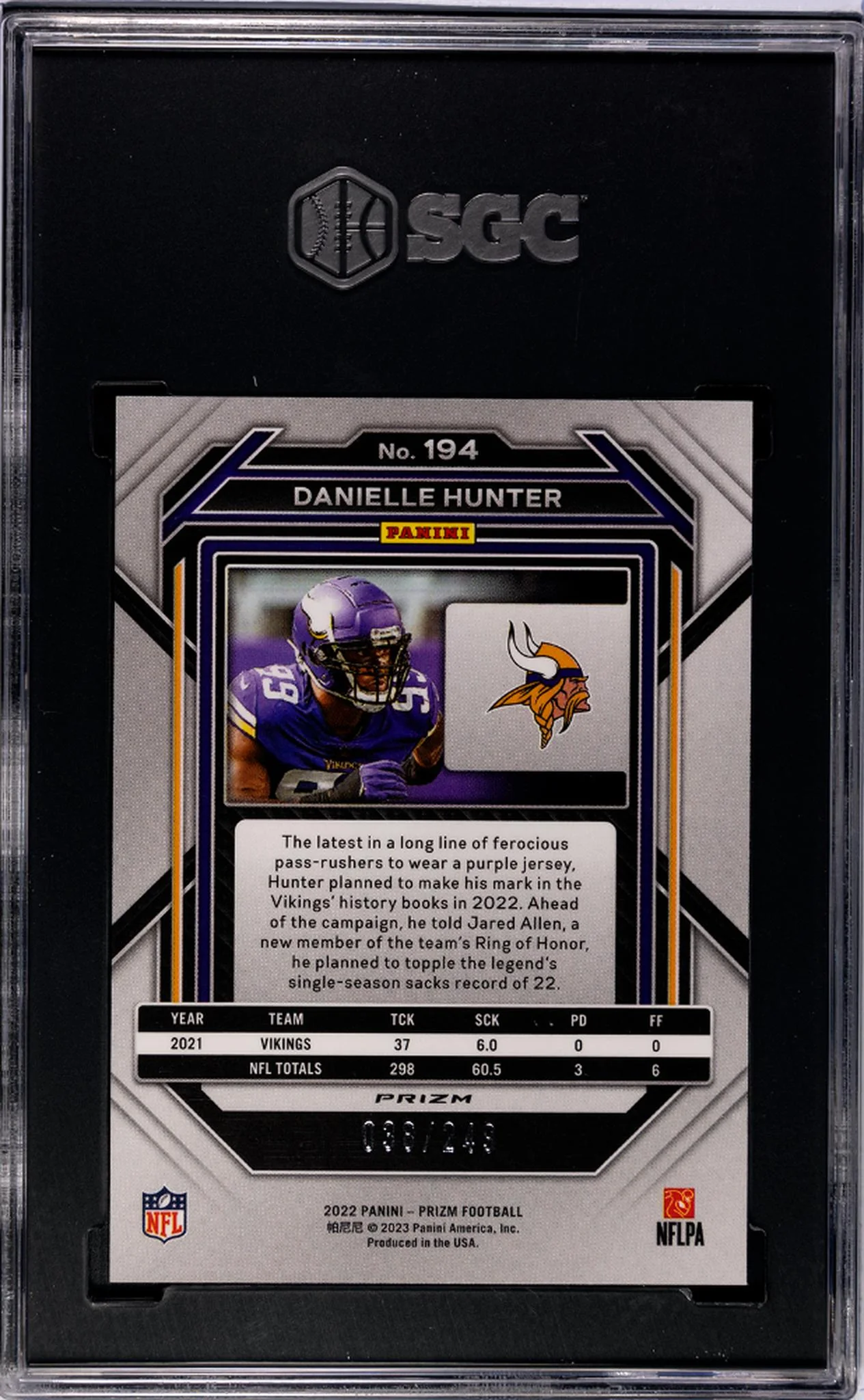 2022 Prizm #194 Danielle Hunter Orange Prizm /249 SGC 9 - Image 2