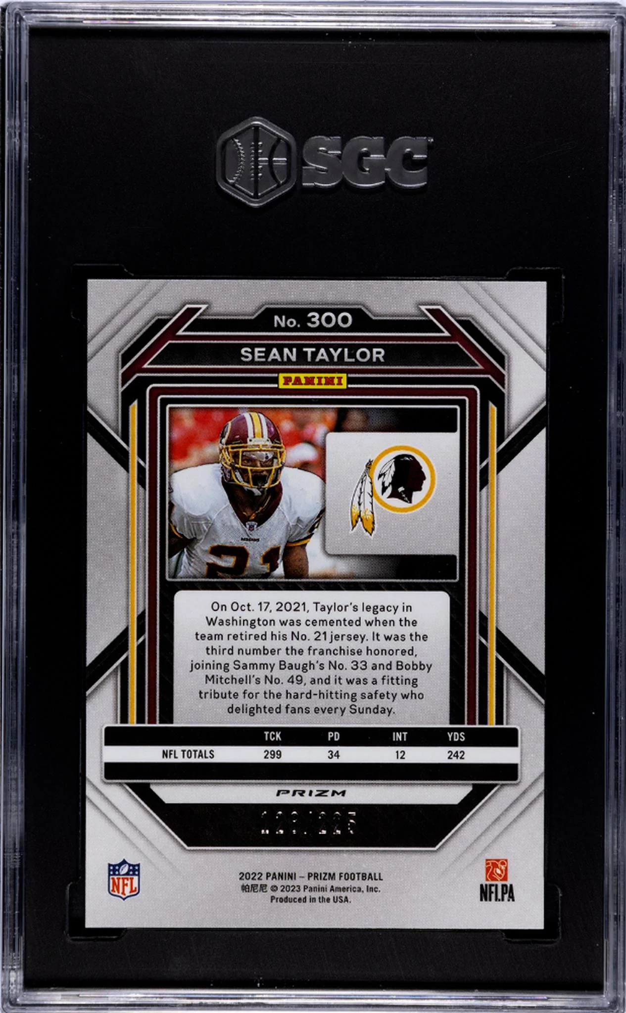 2022 Prizm #300 Sean Taylor Purple Ice Prizm /225 SGC 9 - Image 2