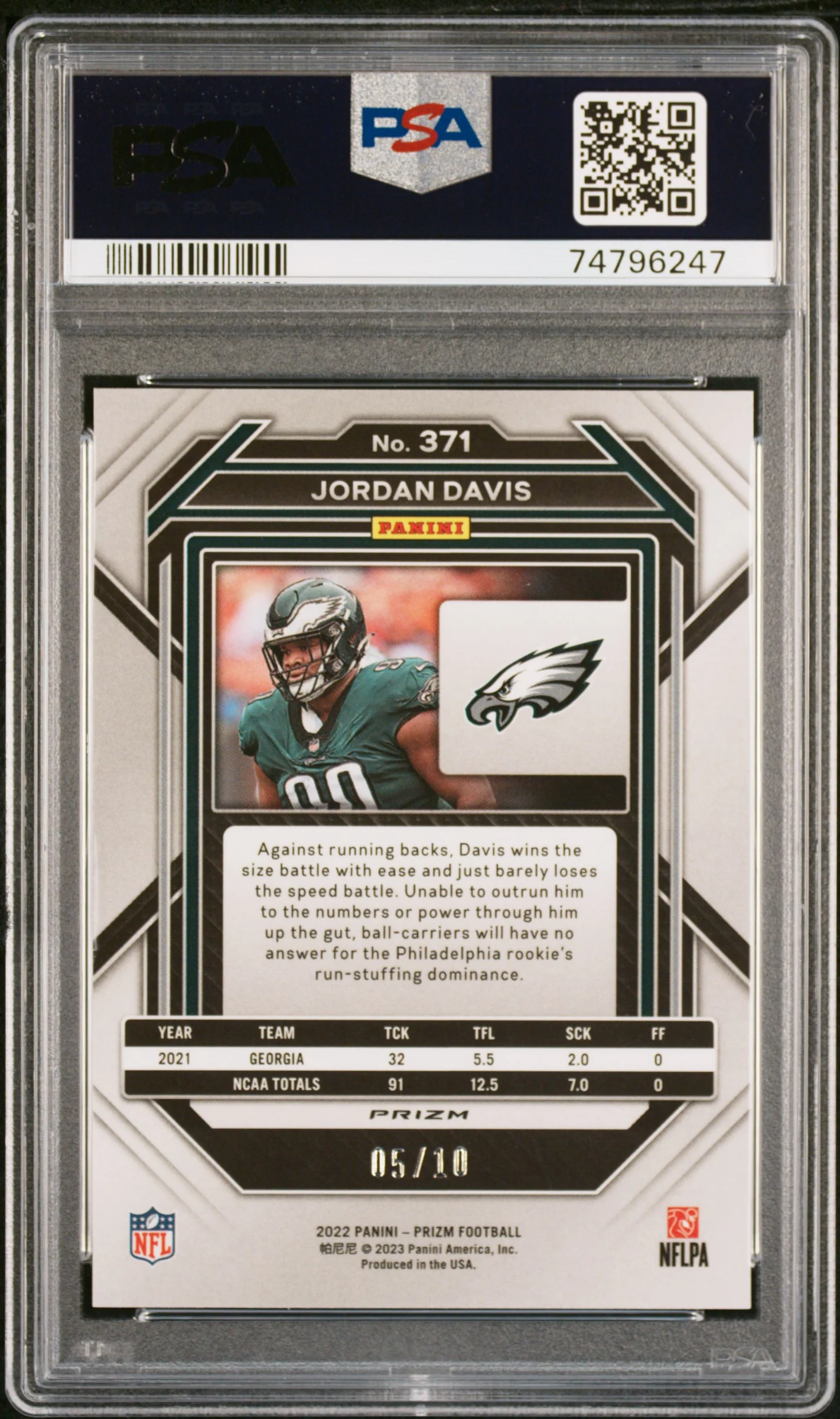 2022 Prizm #371 Jordan Davis Gold Shimmer /10 PSA 10 - Image 2