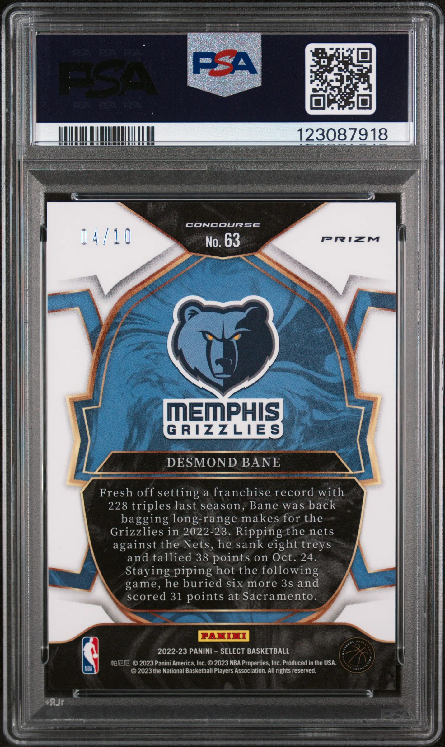 2022 Select Gold Cracked Ice Desmond Bane #63 /10 PSA 10 - Image 2