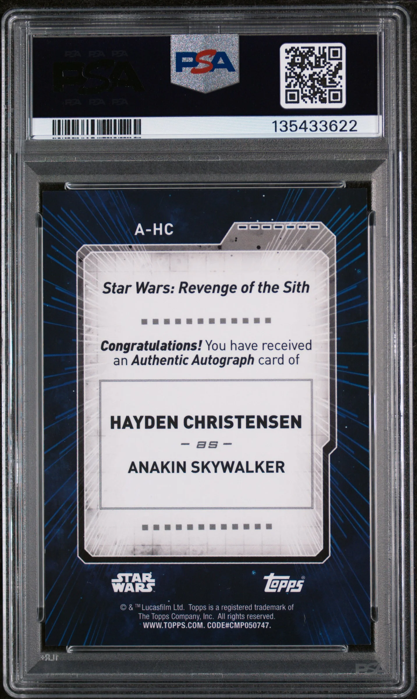2022 Star Wars Signature Series Blue Hayden Christensen #AHC /50 PSA 10 - Image 2