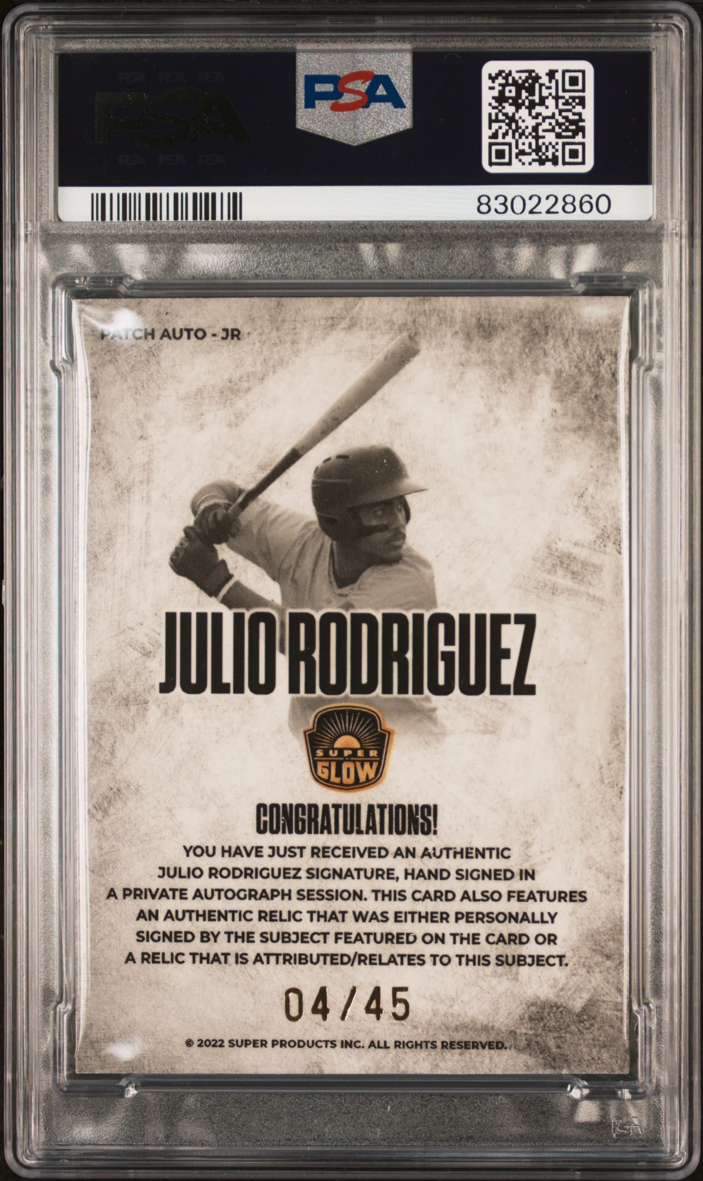 2022 Super Glow Opal Edition Patch Autographs Julio Rodriguez #JR /45 PSA 9 - Image 2