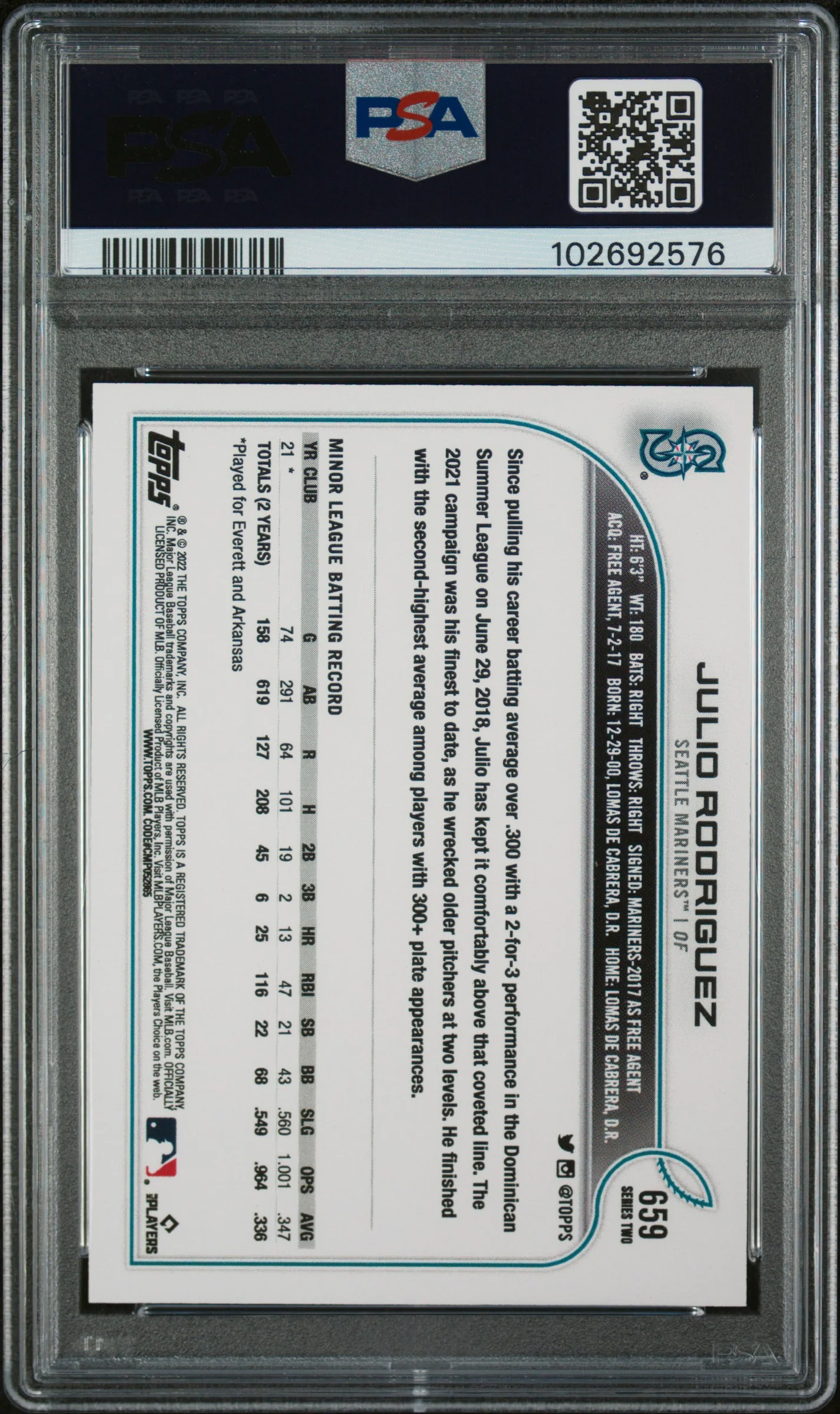 2022 Topps Julio Rodriguez #659 RC SP PSA 10 - Image 2