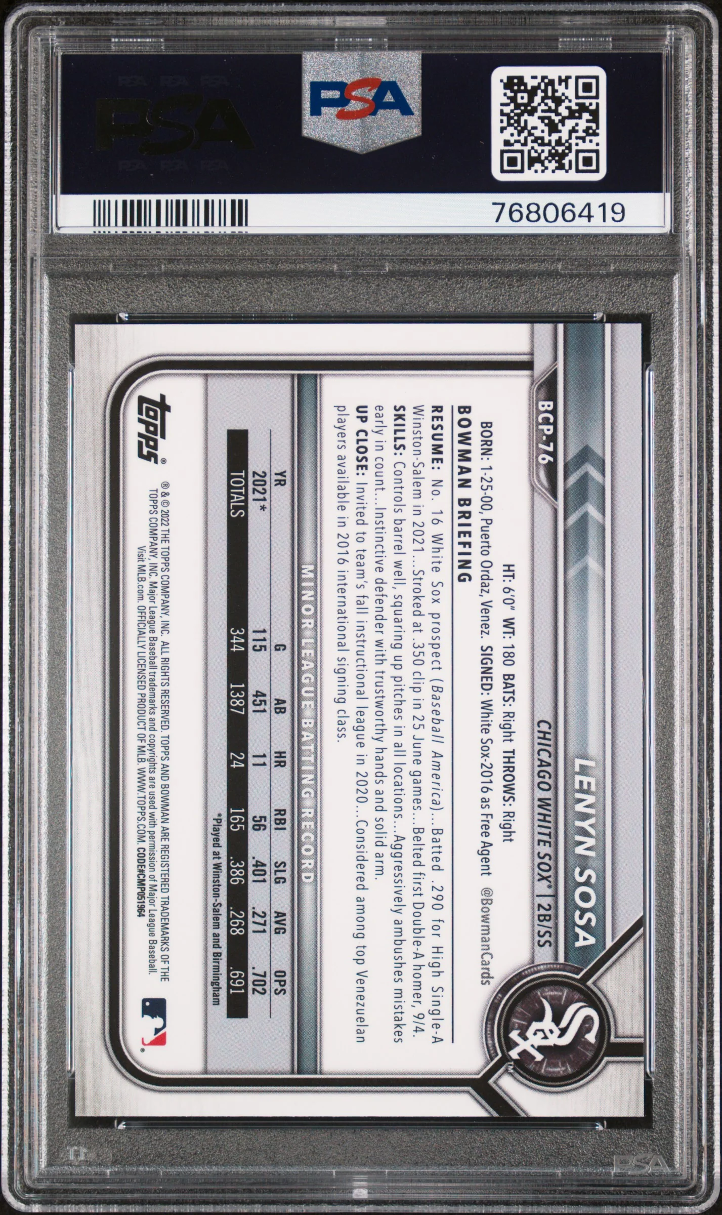 2022 Topps Bowman Sapphire Aqua Lenyn Sosa #BCP76 1st Bowman /55 PSA 10 - Image 2
