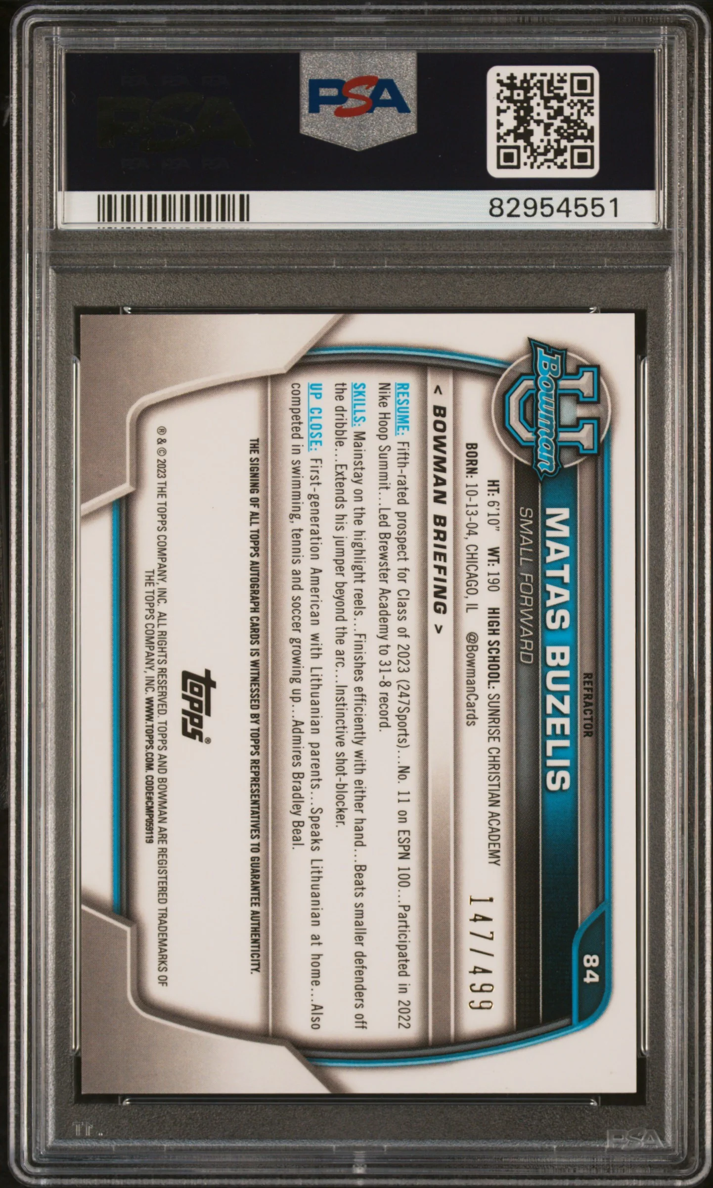 2022 Bowman Chrome University Prospect Autographs-Refractor Matas Buzelis #84 PSA 9 - Image 2
