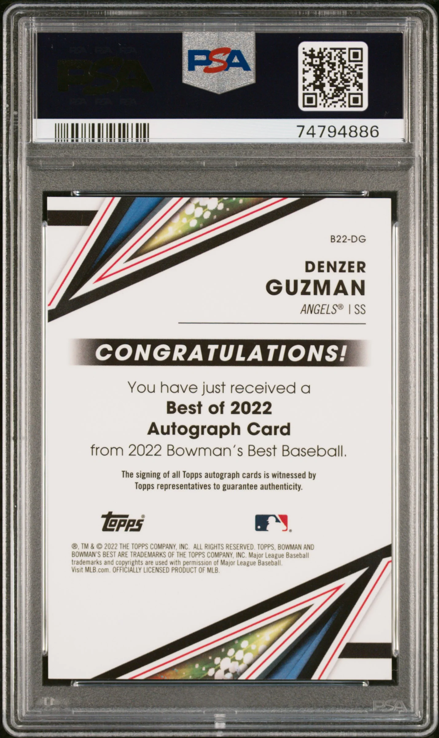2022 Topps Bowman's Best Best of 2022 Blue Denzer Guzman #B22-DG Auto /150 PSA 9 - Image 2