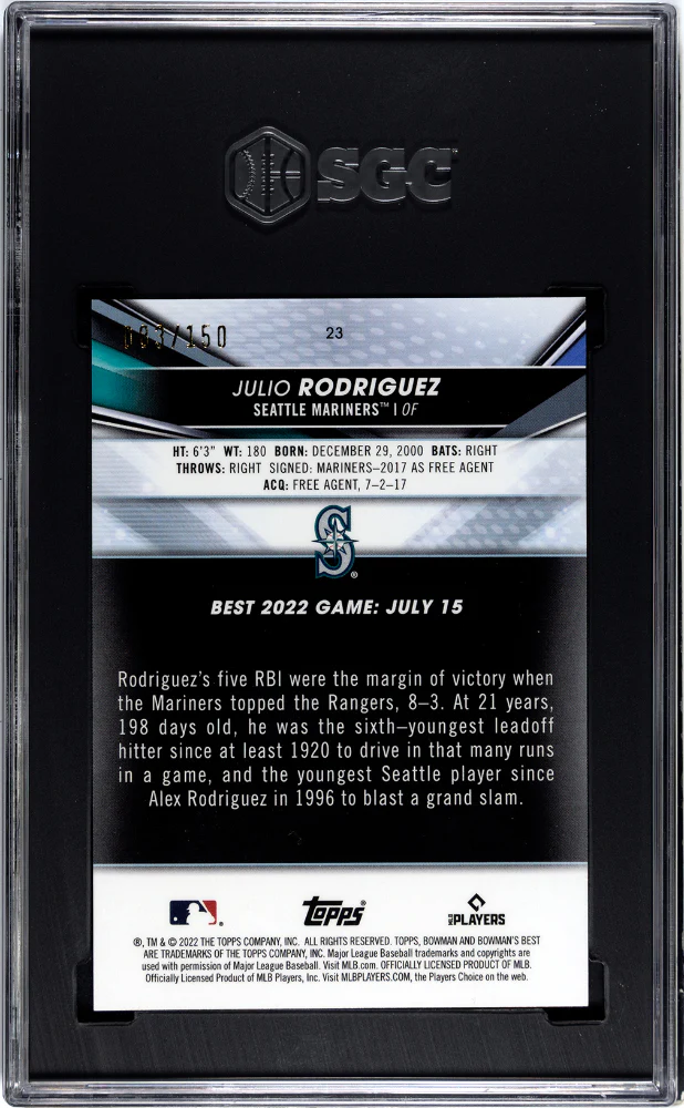 2022 Topps Bowman's Best Blue Refractor Julio Rodriguez #23 RC /150 SGC 10 - Image 2