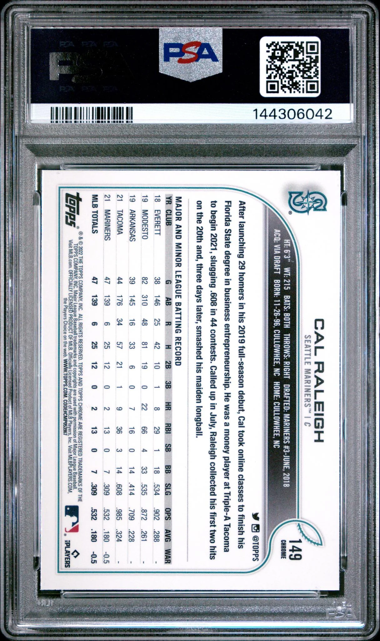 2022 Topps Chrome Cal Raleigh #149 PSA 10 - Image 2
