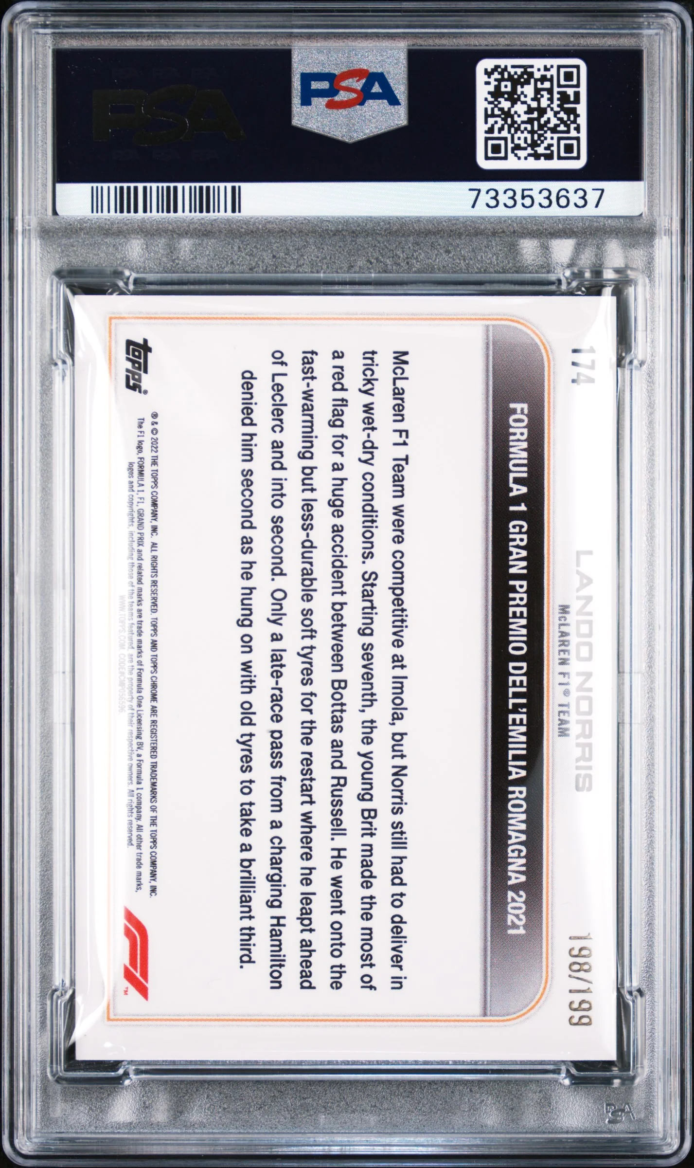 2022 Topps Chrome Formula 1 Purple Checker Flag Refractor Lando Norris #174 /199 PSA 9 - Image 2