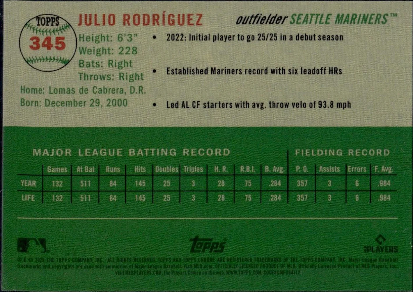 2022 Topps Chrome Gold Julio Rodríguez #345 Auto /50 - Image 2