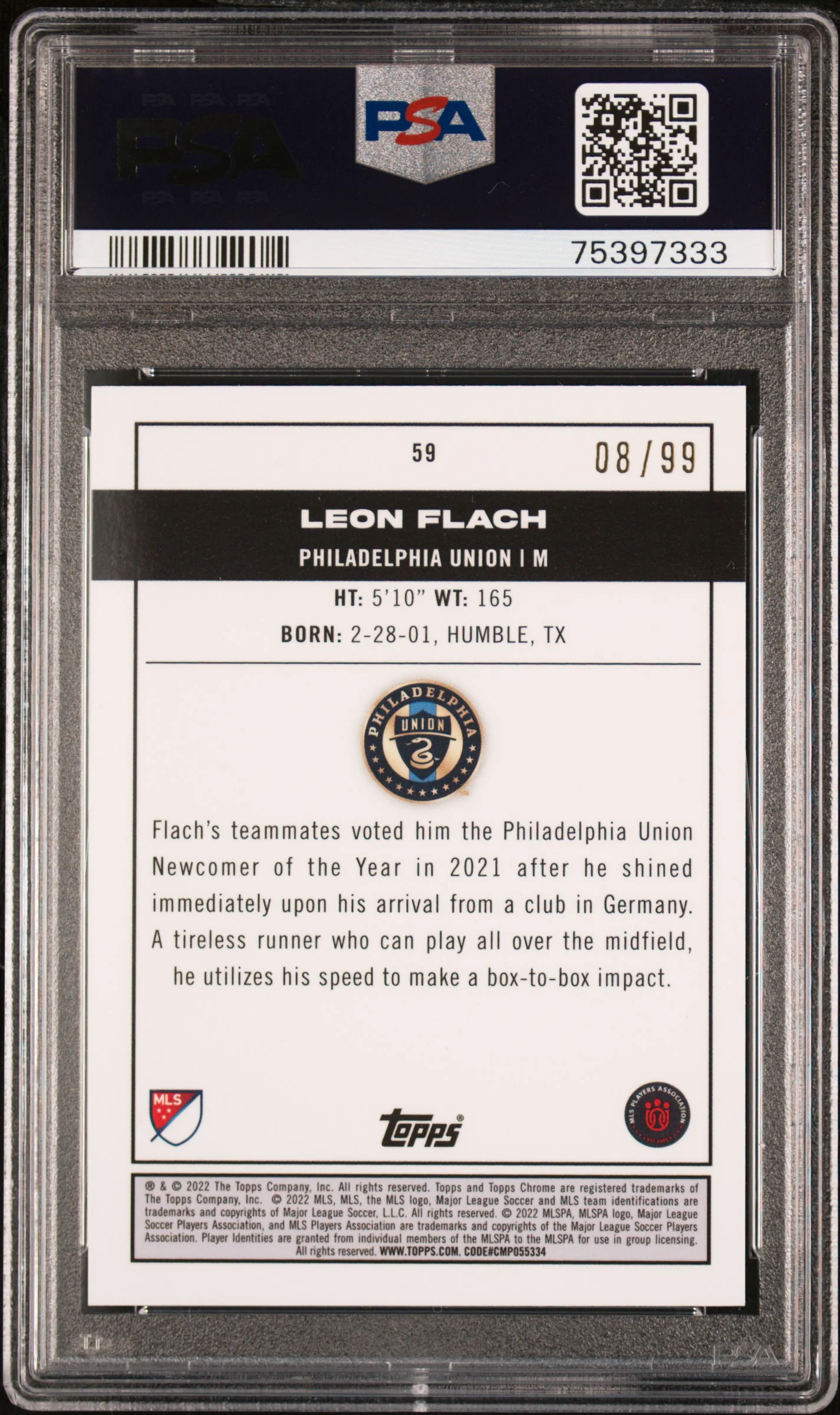 2022 Topps Chrome MLS Neon Green Lava Refractor Leon Flach #59 RC /99 PSA 9 - Image 2