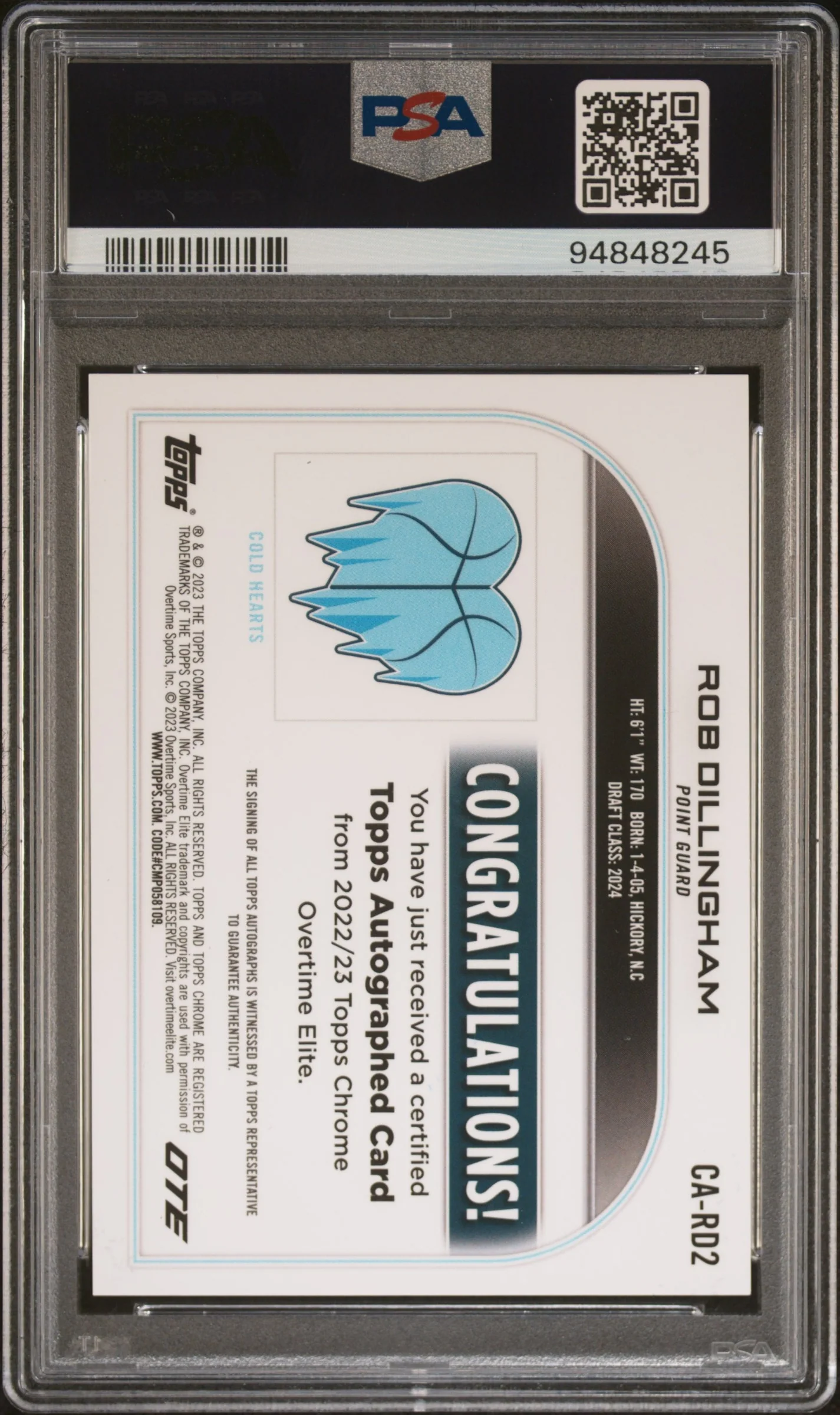 2022 Topps Chrome Overtime Elite Autographs #CARD2 Rob Dillingham Auto-Orange Basketball Ref PSA 10 - Image 2
