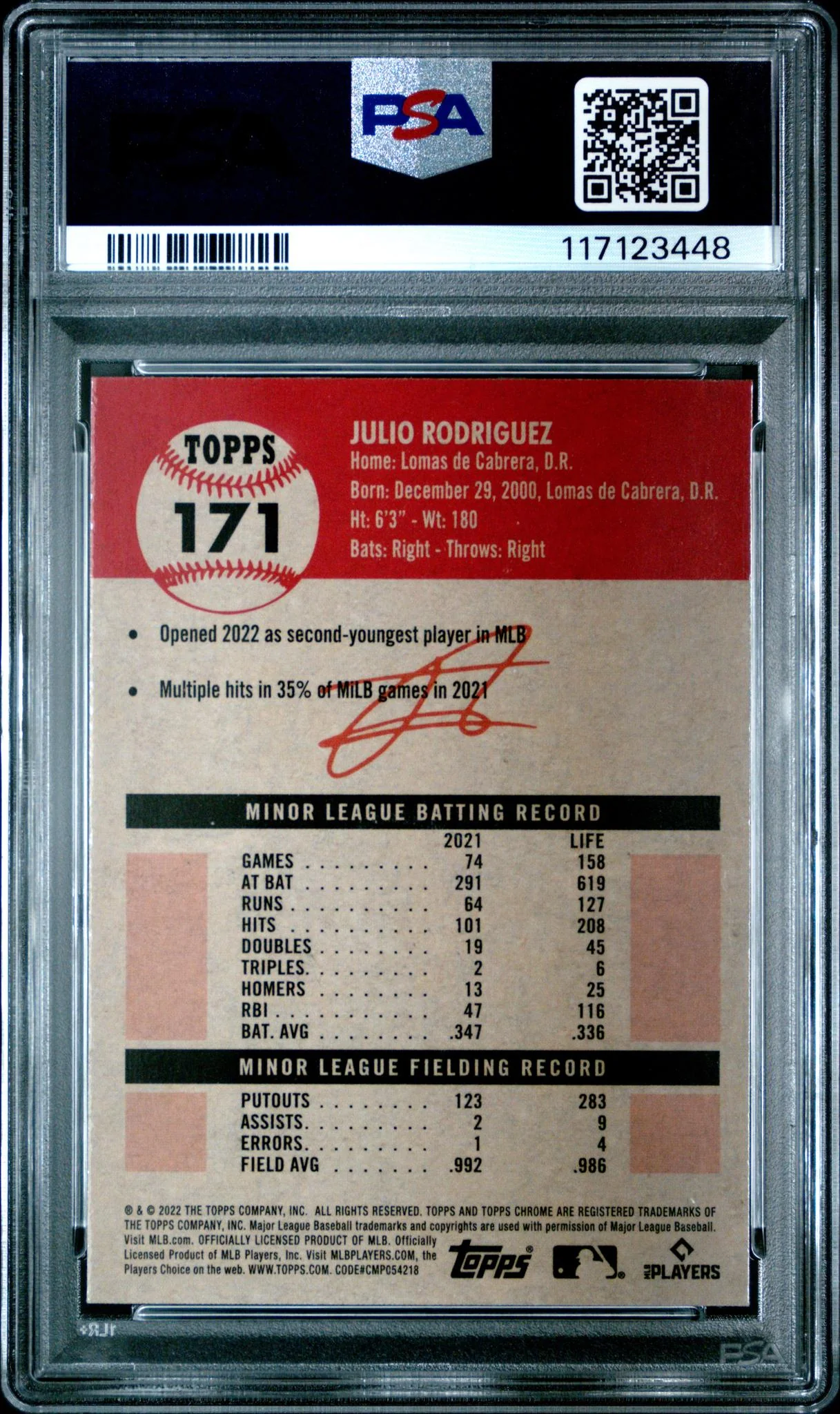 2022 Topps Chrome Platinum Anniversary Black and White Mini-Diamond Refractors Julio Rodriguez #171 PSA 9 - Image 2