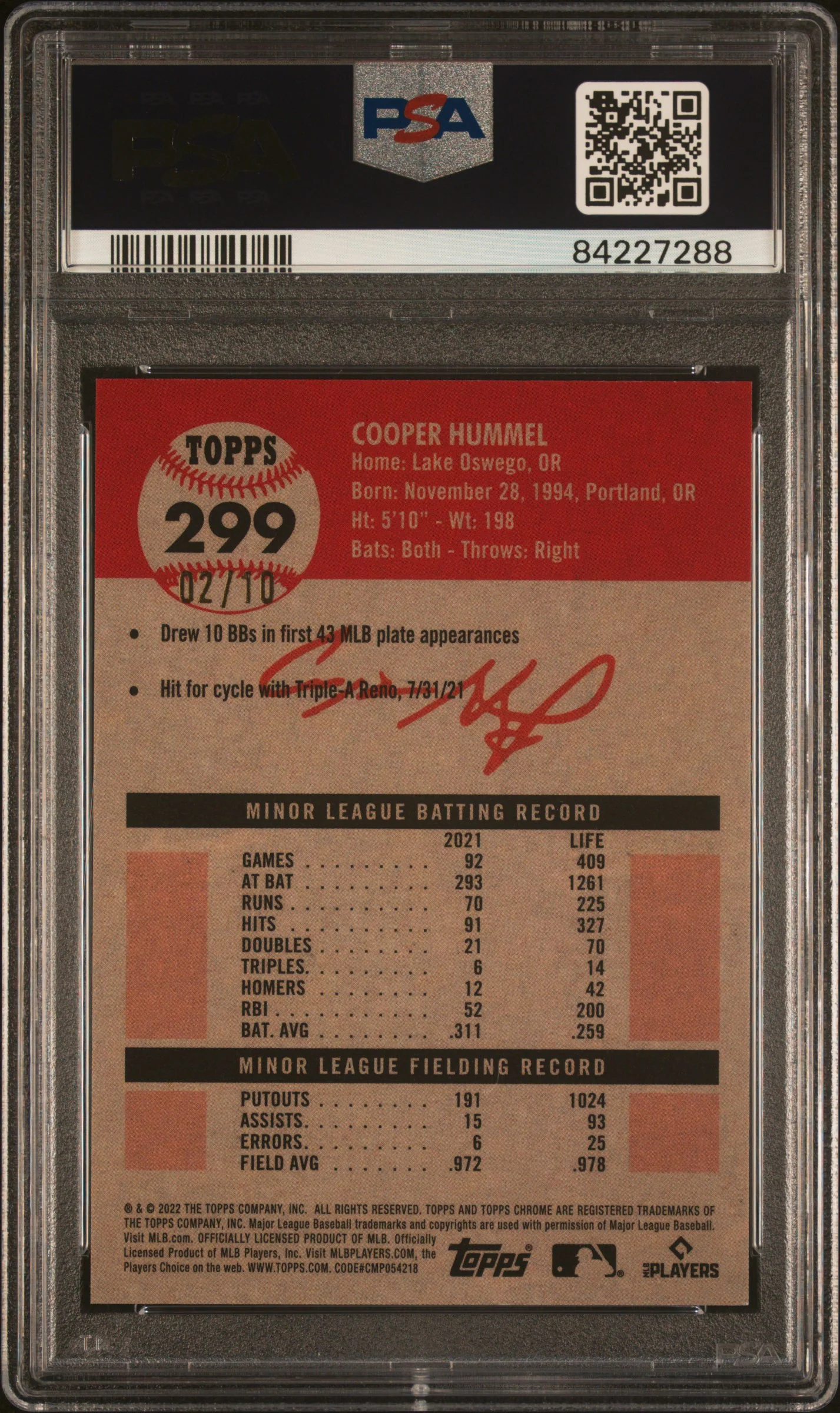 2022 Topps Chrome Platinum Anniversary Cooper Hummel #299 RC /10 PSA 9 - Image 2