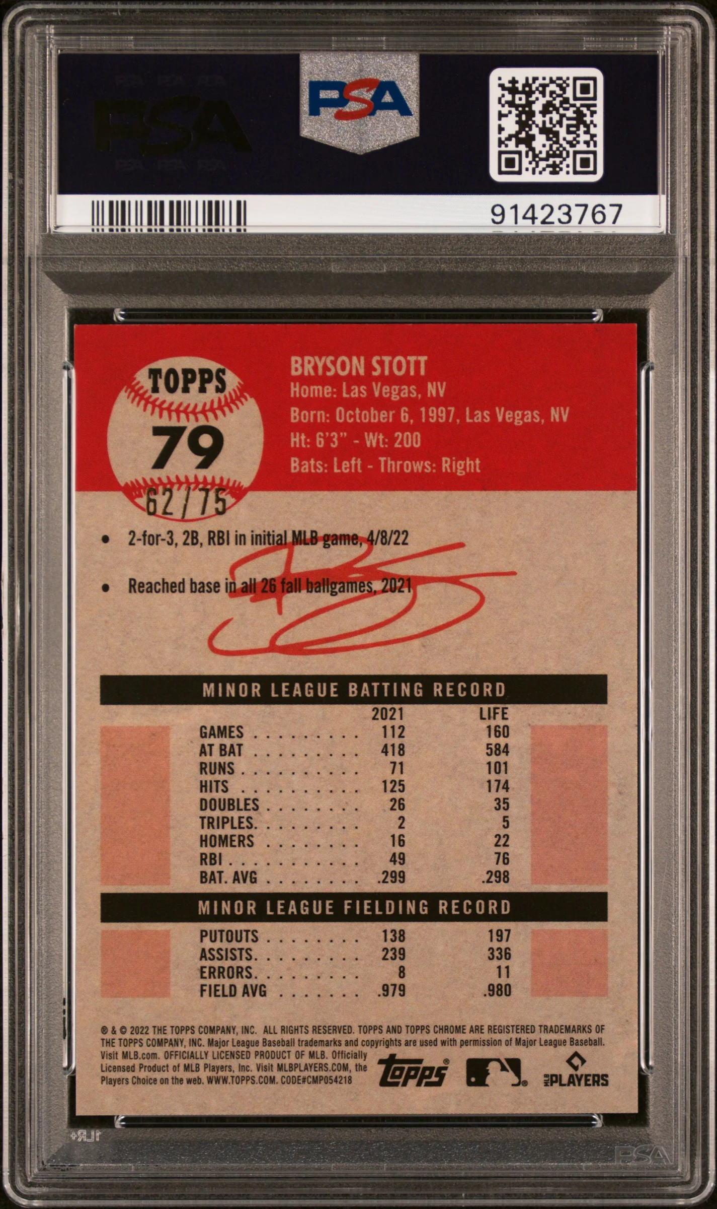 2022 Topps Chrome Platinum Anniversary Rose Gold Mini Diamond Ref Bryson Stott #79 /75 PSA 9 - Image 2