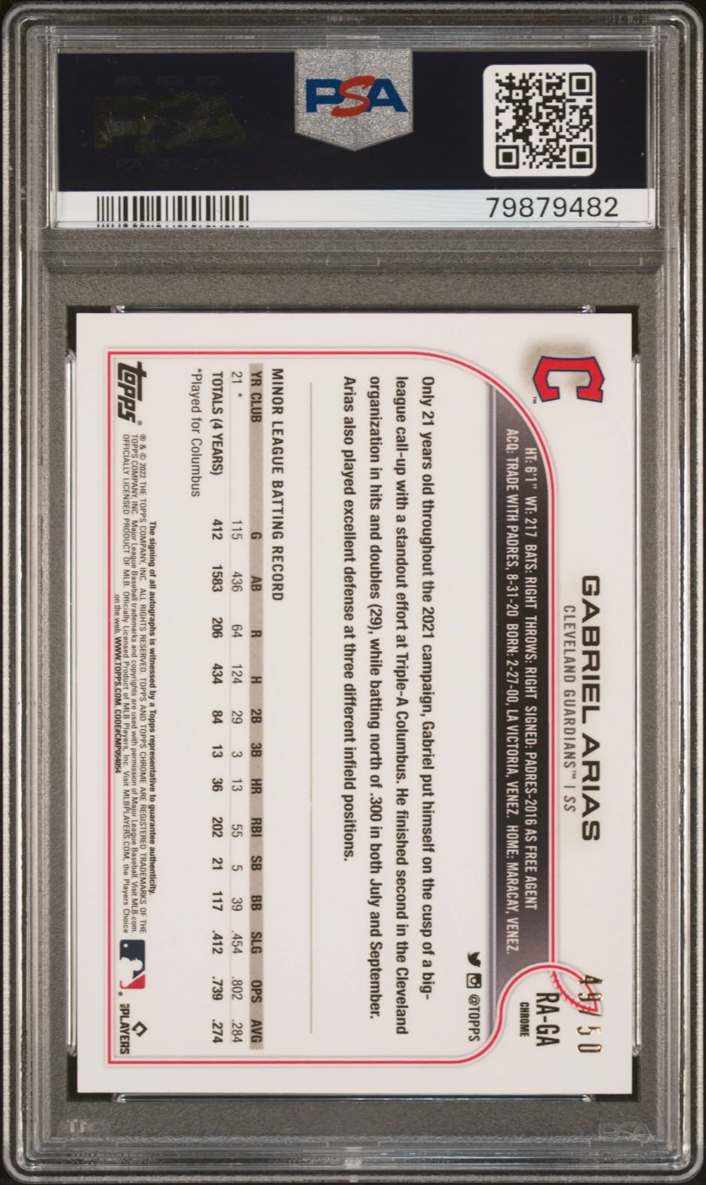 2022 Topps Chrome #RAGA Gabriel Arias /50 PSA 9 - Image 2