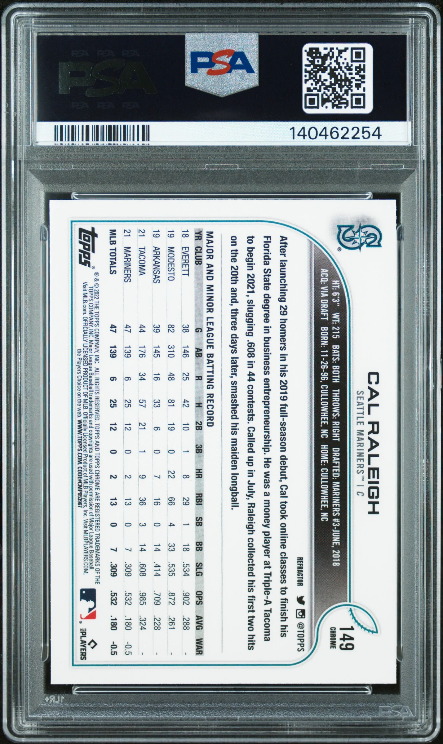 2022 Topps Chrome Refractor Cal Raleigh #149 PSA 10 - Image 2