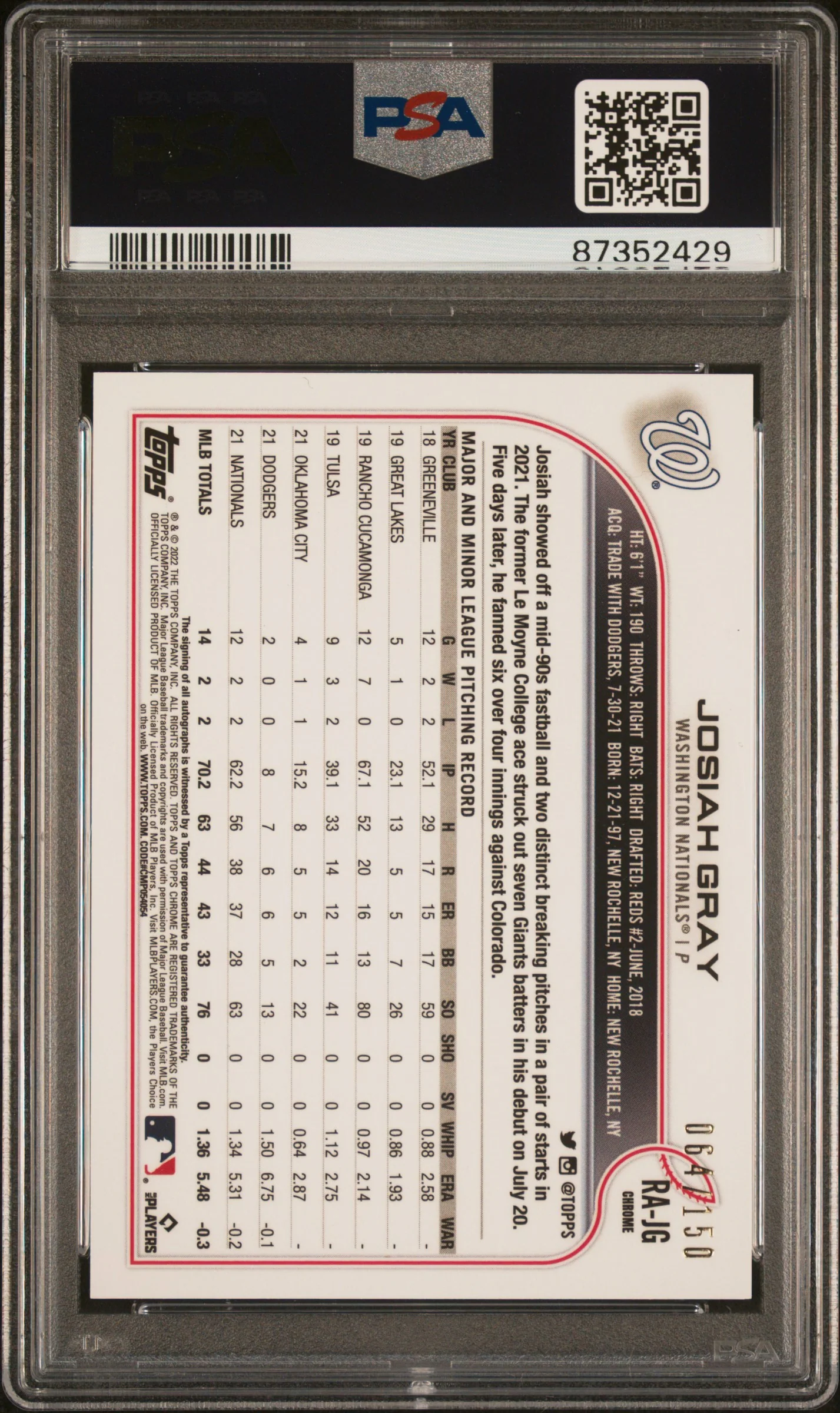 2022 Topps Chrome Blue RayWave Josiah Gray #RAJG RC Auto /150 PSA 10 - Image 2